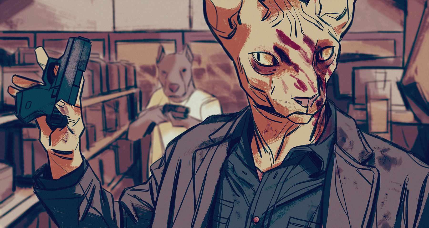 Anthro cat holding a gun with a dog in the background HD Wallpaper