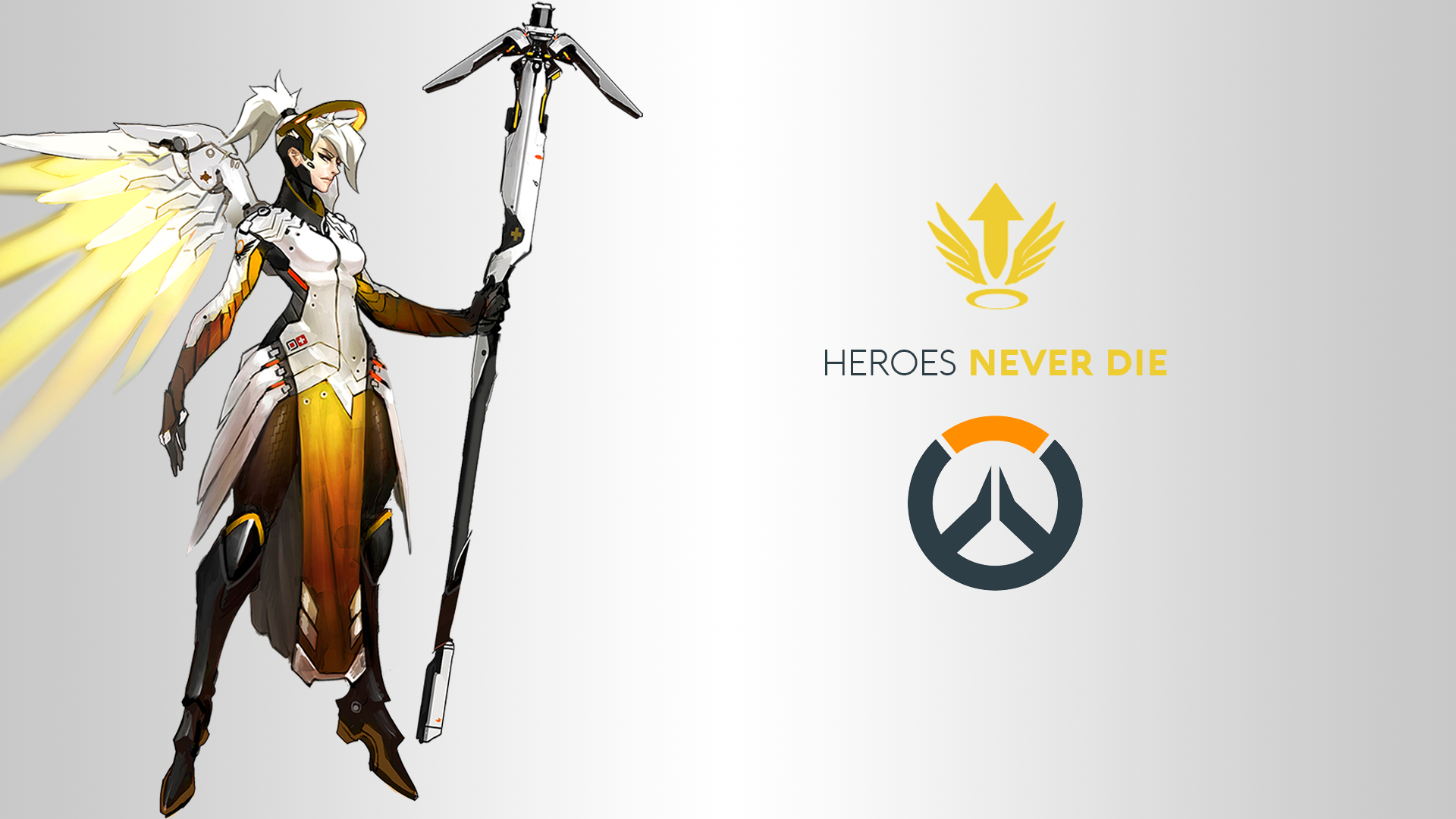 Overwatch Mercy with Heroes Never Die logo HD Wallpaper
