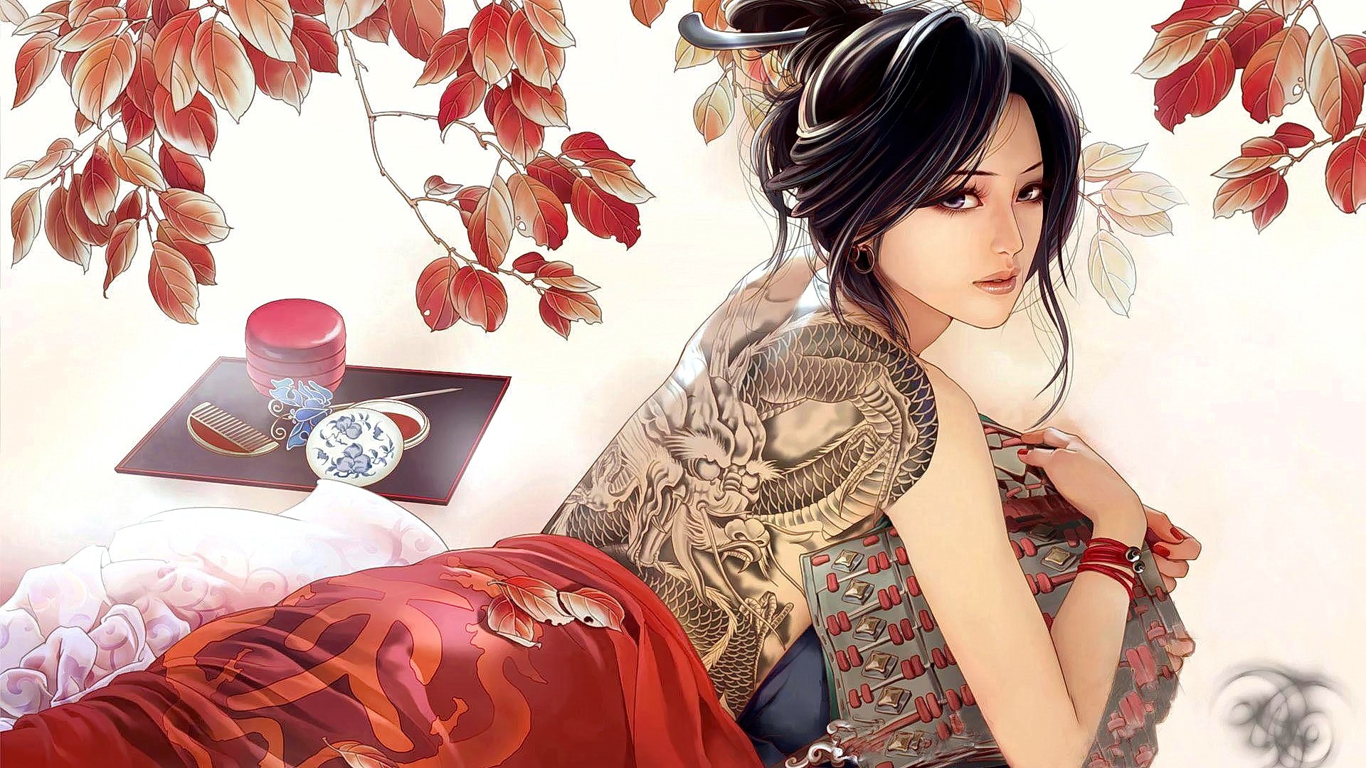 Anime girl with dragon tattoo and Japanese clothing HD Wallpaper