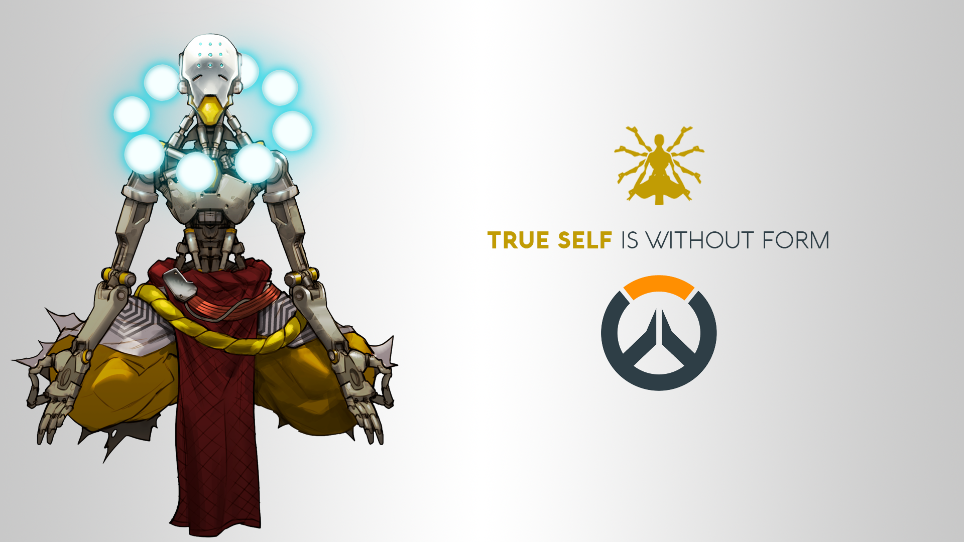 Zenyatta from Overwatch with quote and logo HD Wallpaper