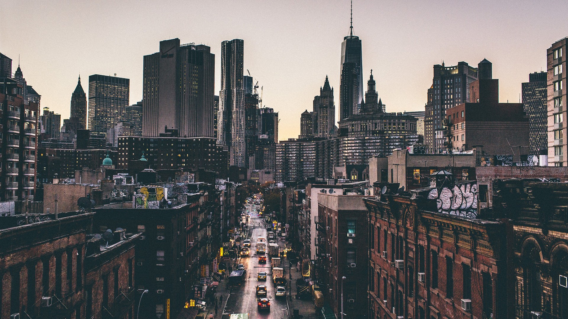 New York City Manhattan cityscape with skyscrapers and street HD Wallpaper