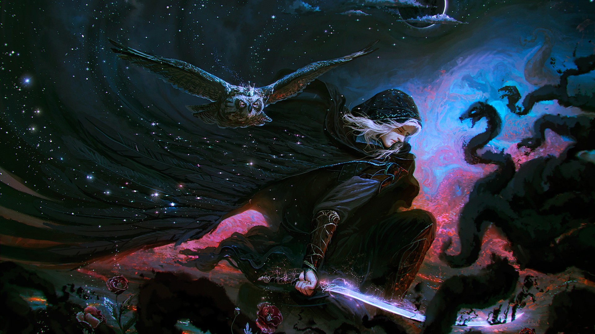 Fantasy art of a hooded figure with an owl and snakes HD Wallpaper