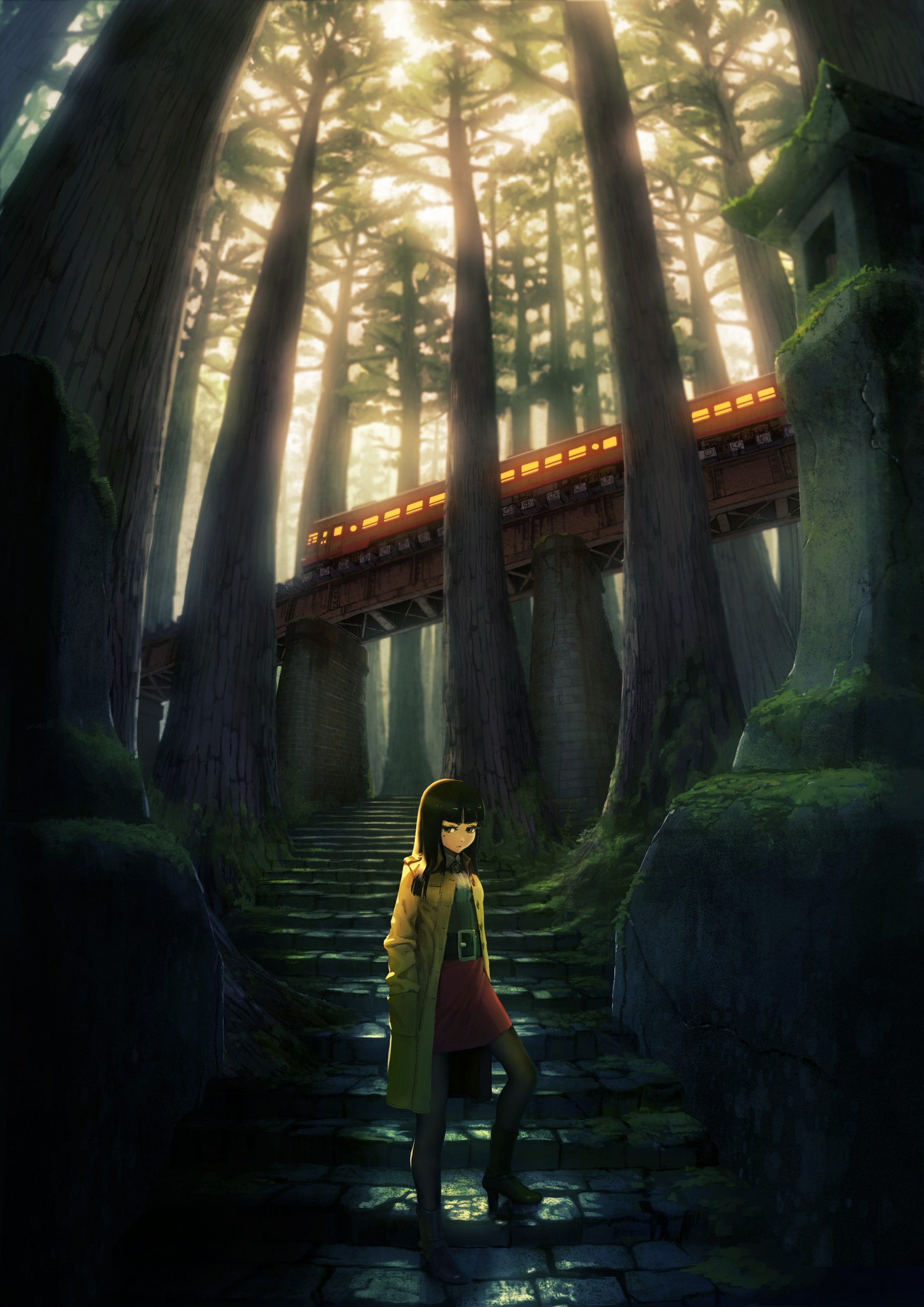 Anime girl on stairs with train in forest HD Wallpaper