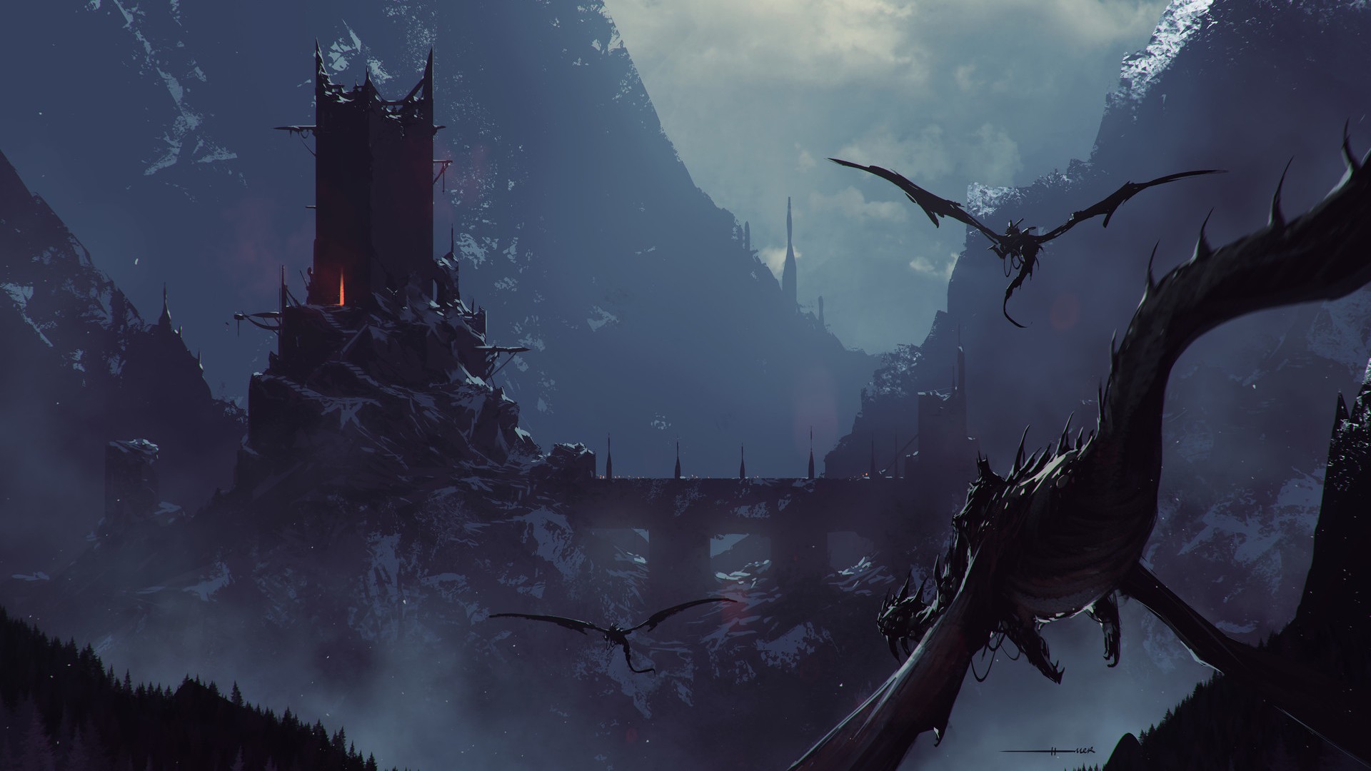 Dragons flying near a dark tower in a fantasy landscape HD Wallpaper