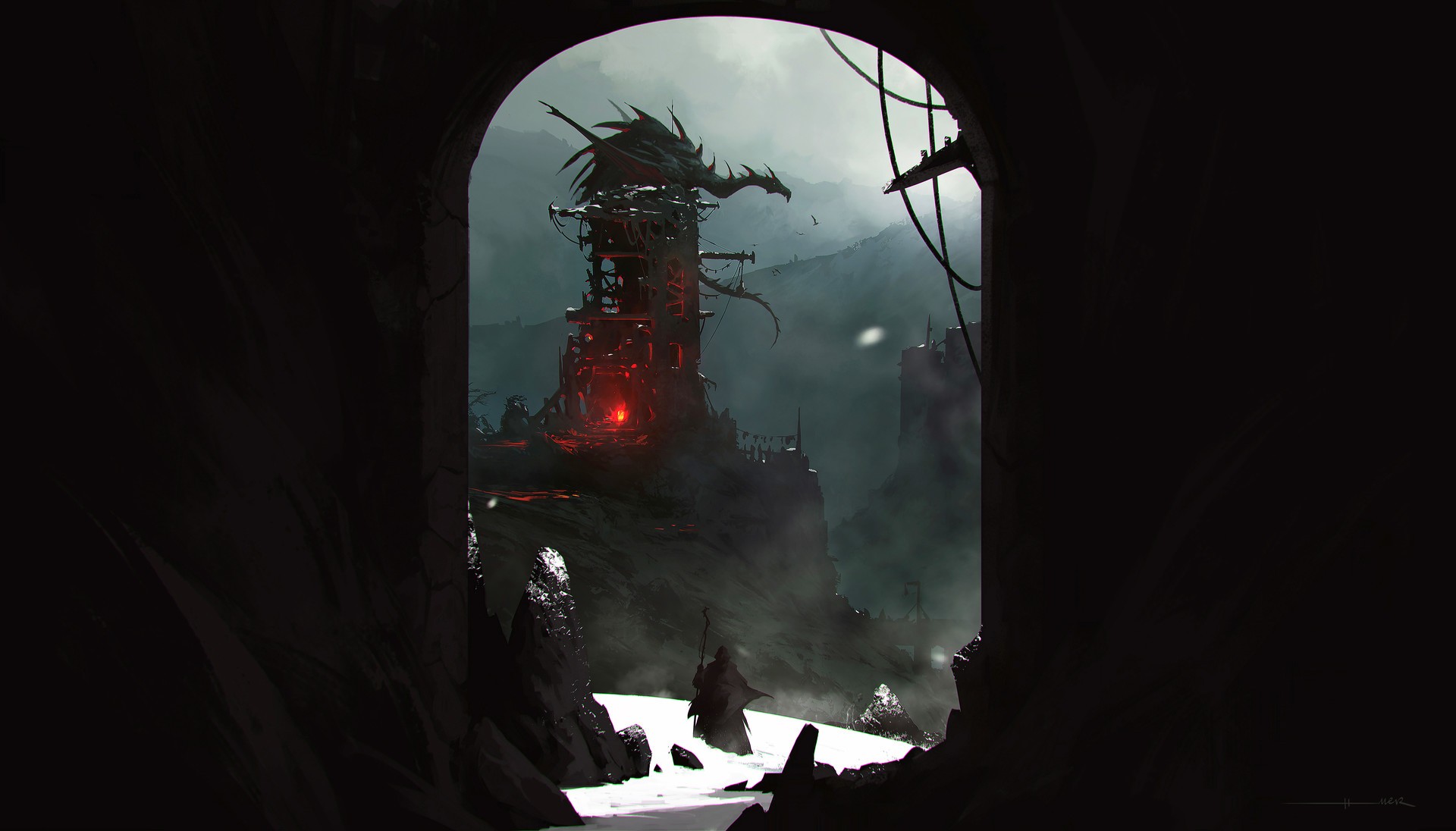 Dragon tower in a dark fantasy landscape HD Wallpaper