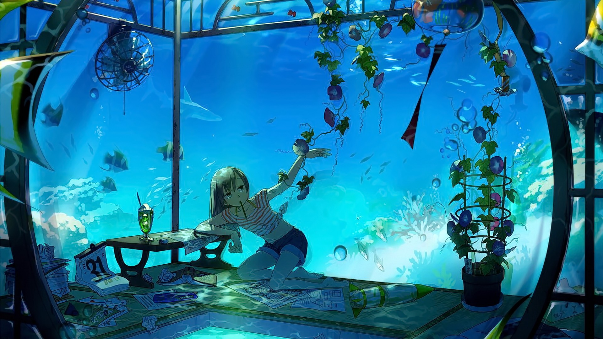 Anime girl in an underwater room with plants and fish HD Wallpaper