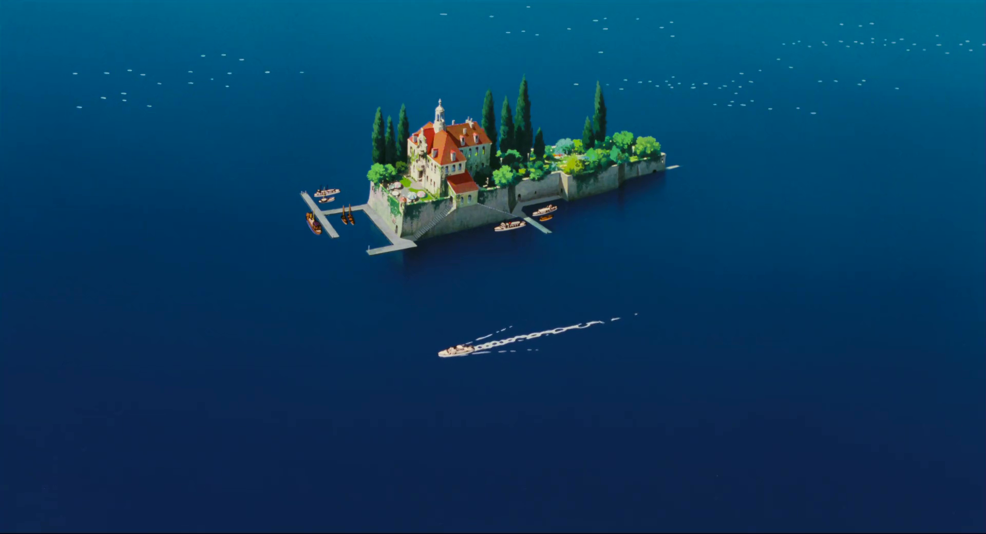 Island mansion with boats in the sea, Porco Rosso HD Wallpaper