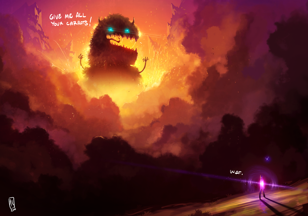 Giant monster demands carrots from a small figure HD Wallpaper