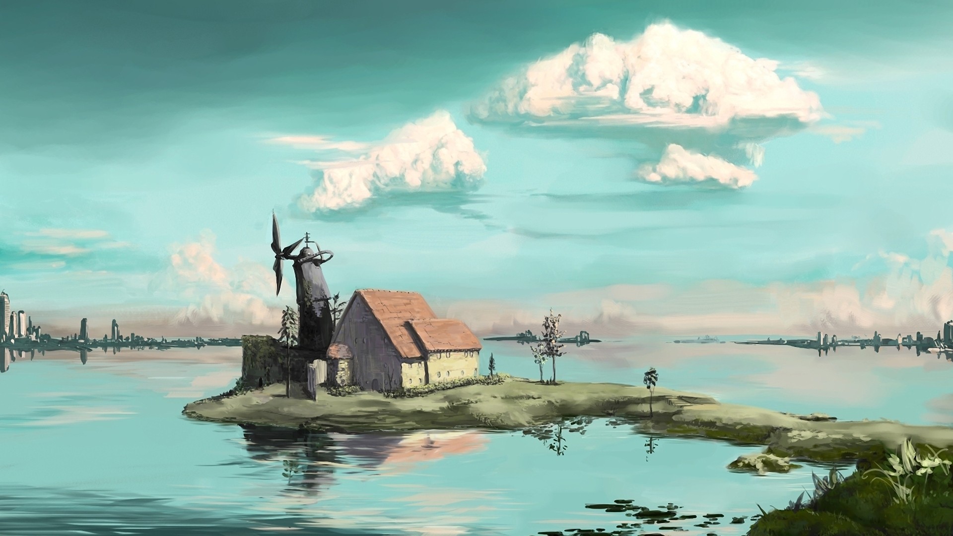 Fantasy island with windmill and distant cityscapes HD Wallpaper