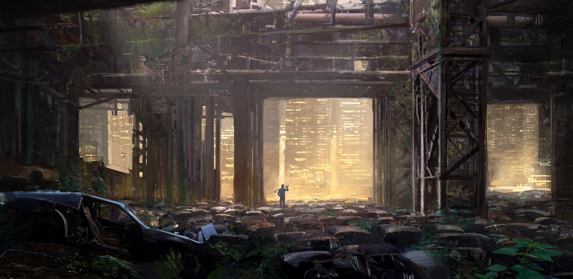 Apocalyptic artwork of a ruined city with a lone figure HD Wallpaper