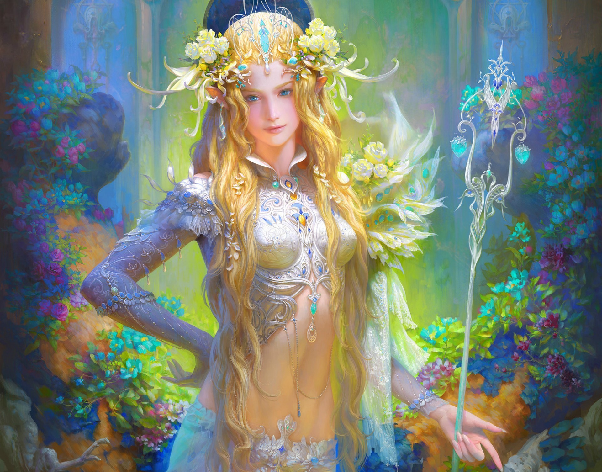 Elf Woman with Flowers and Scepter in Fantasy Art HD Wallpaper