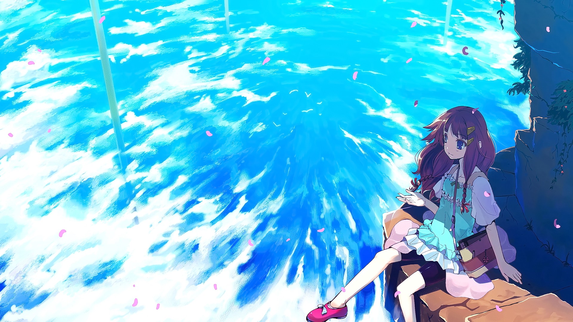 Anime girl with purple hair sitting on rocks HD Wallpaper