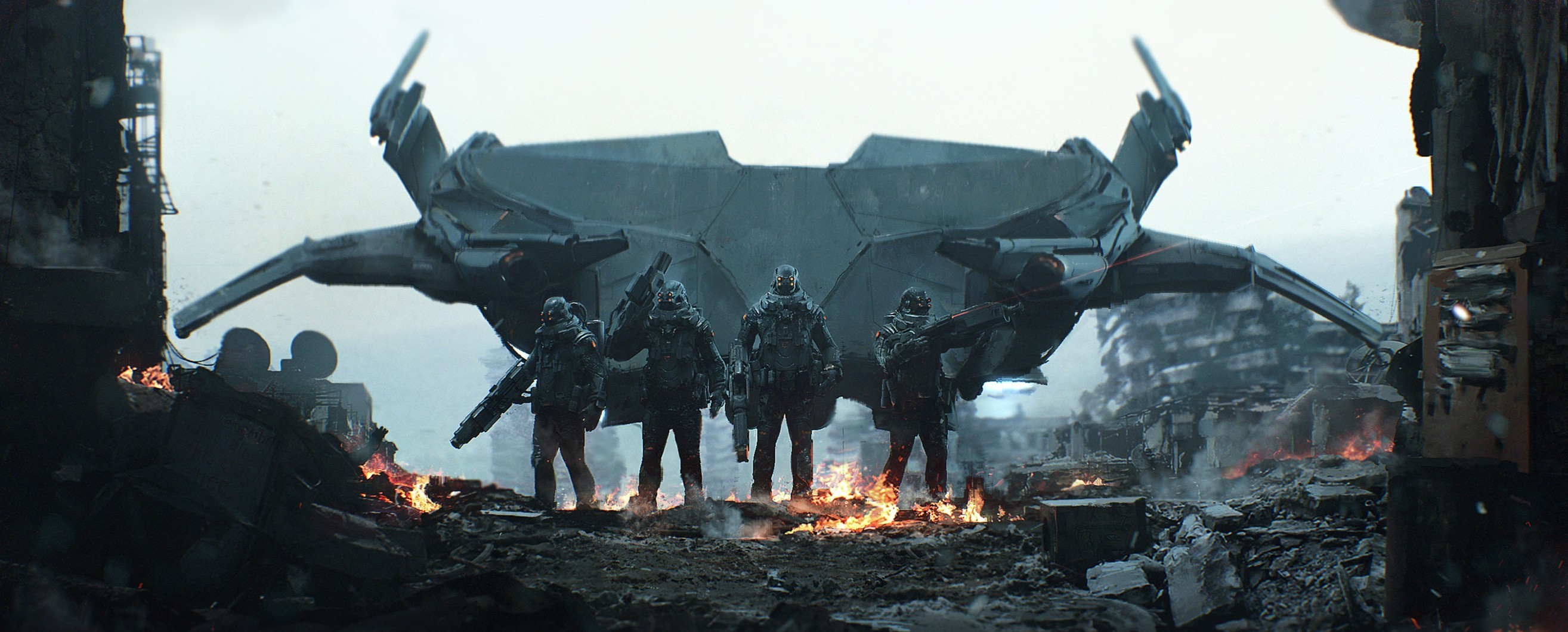 Soldiers stand in front of a futuristic aircraft in a destroyed city HD Wallpaper