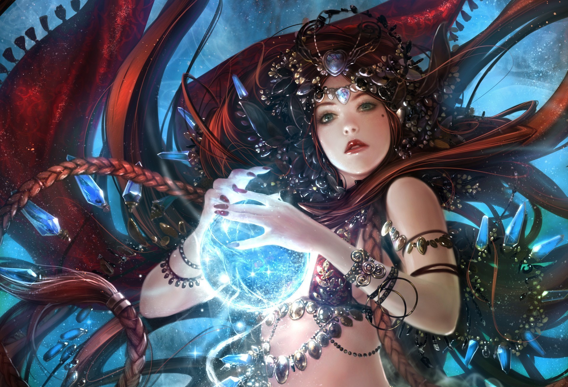 Fantasy art of a woman holding a glowing orb HD Wallpaper