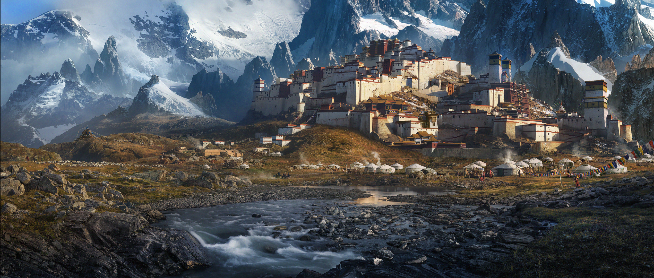 Fortress in the mountains of Tibet with a creek HD Wallpaper
