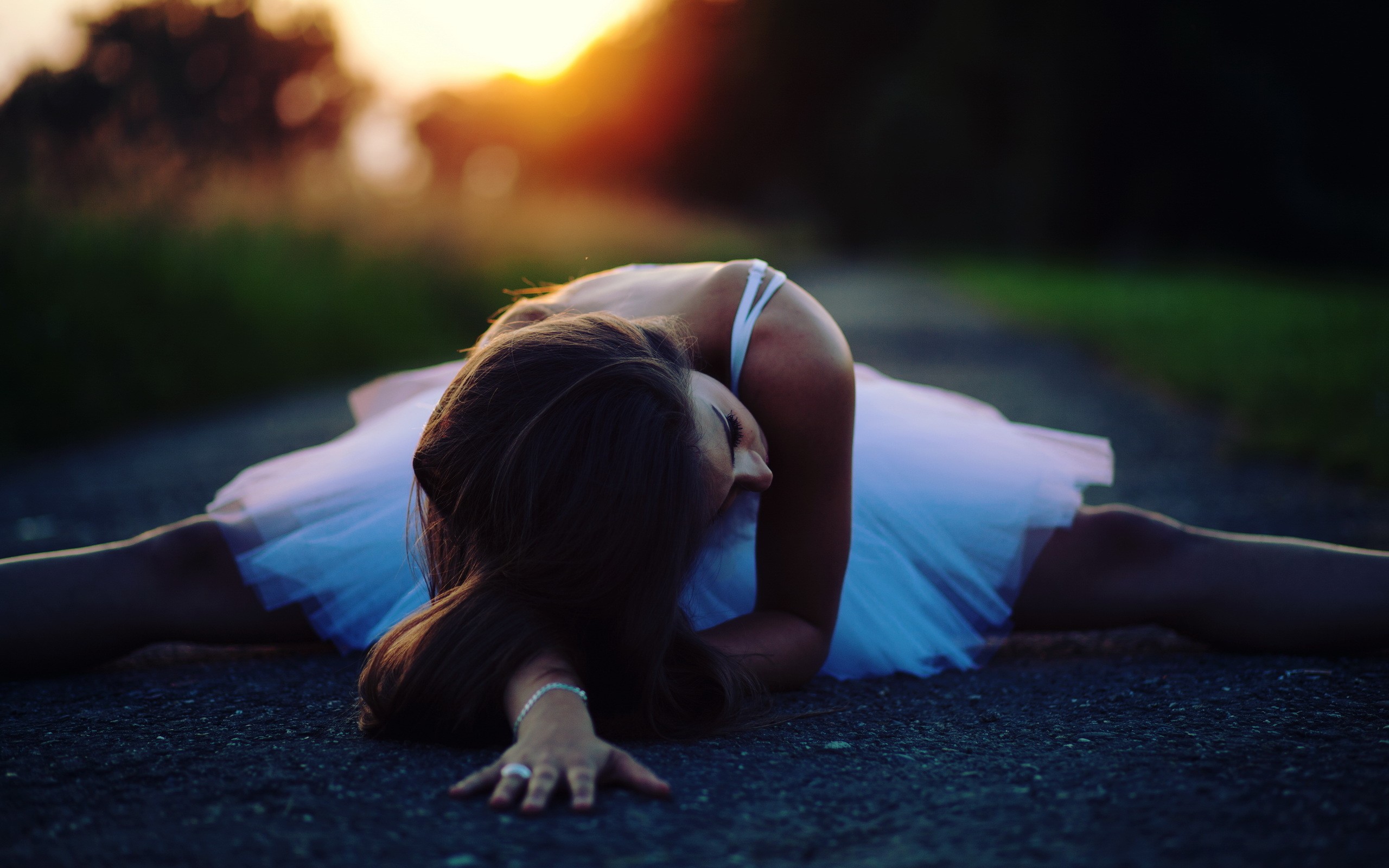 Ballerina in a white tutu on a road at sunset HD Wallpaper