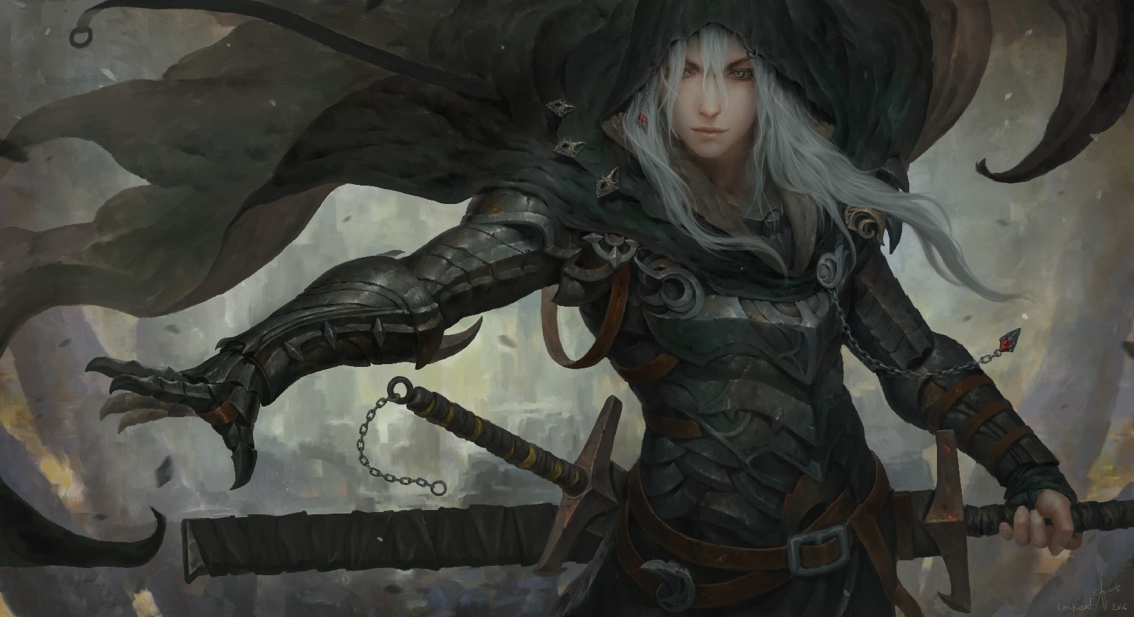 Fantasy warrior with white hair and dark armor HD Wallpaper
