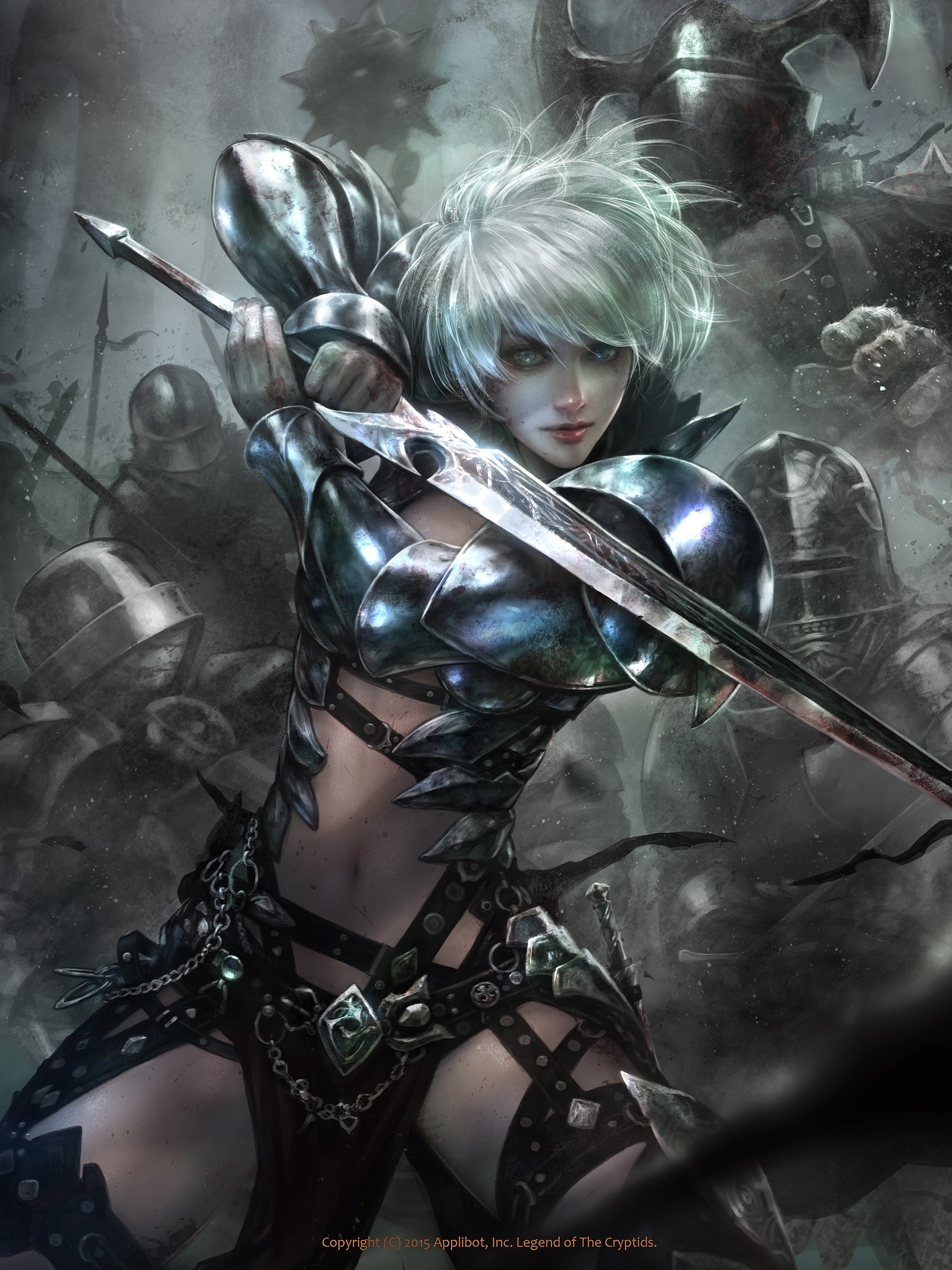 Female warrior in armor with sword in battle HD Wallpaper