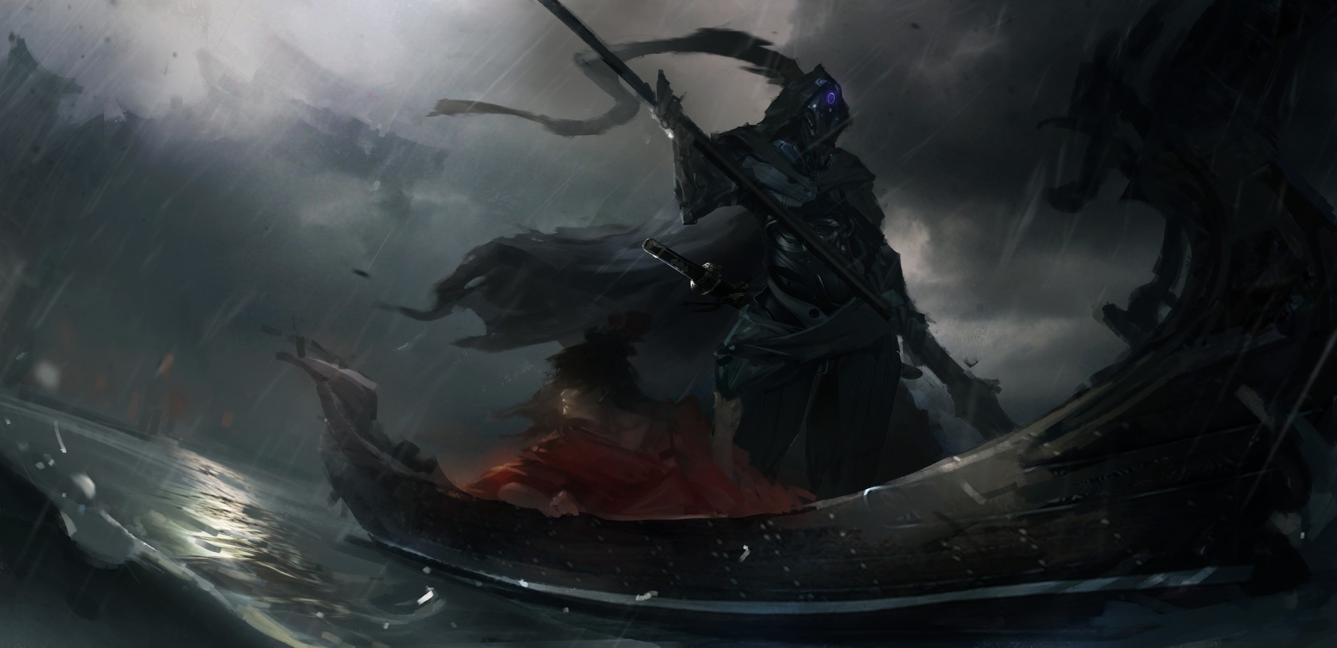 Fantasy art of a grim figure in a boat HD Wallpaper