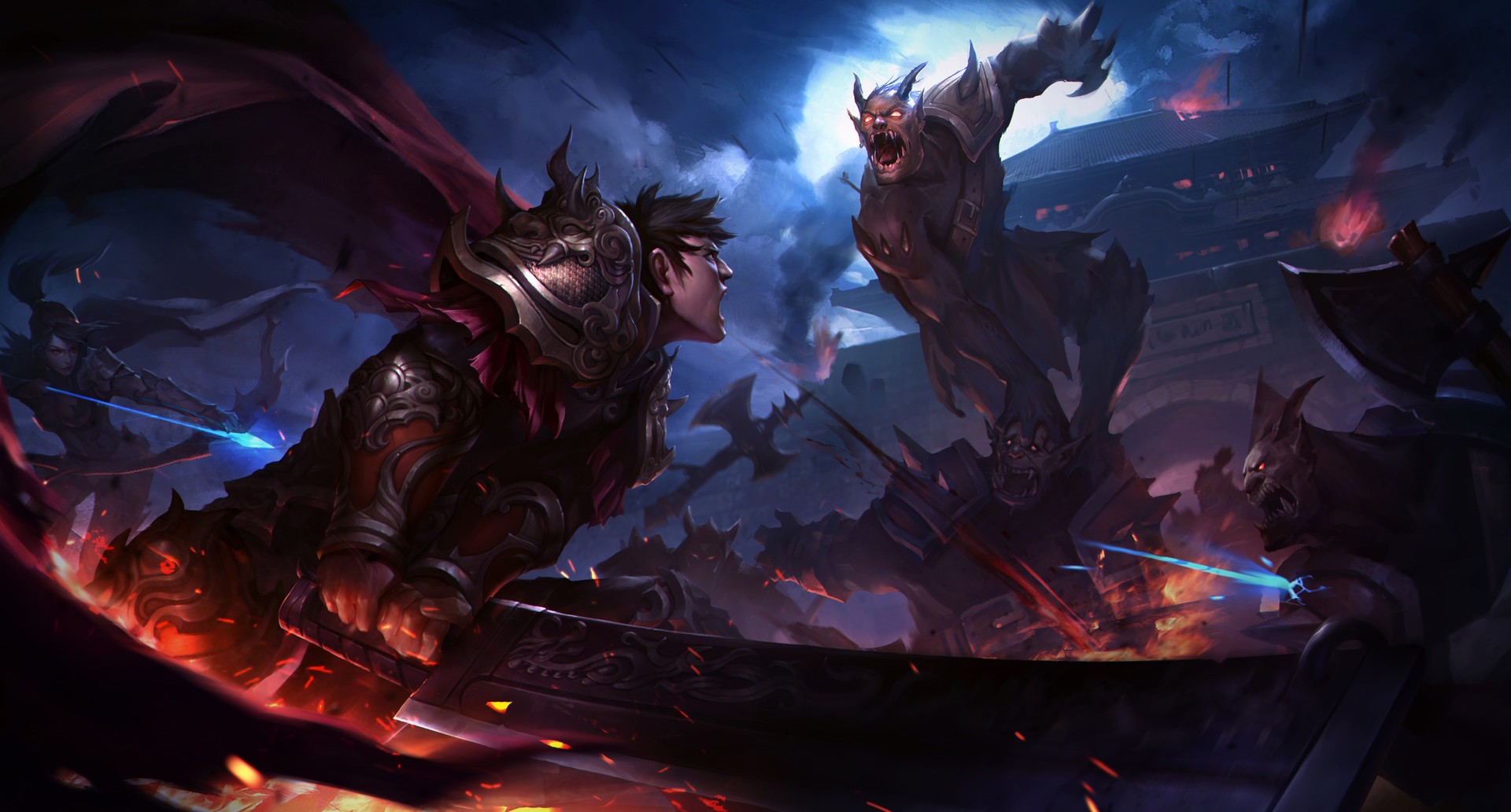 Fantasy warriors battling demons in a burning city HD Wallpaper