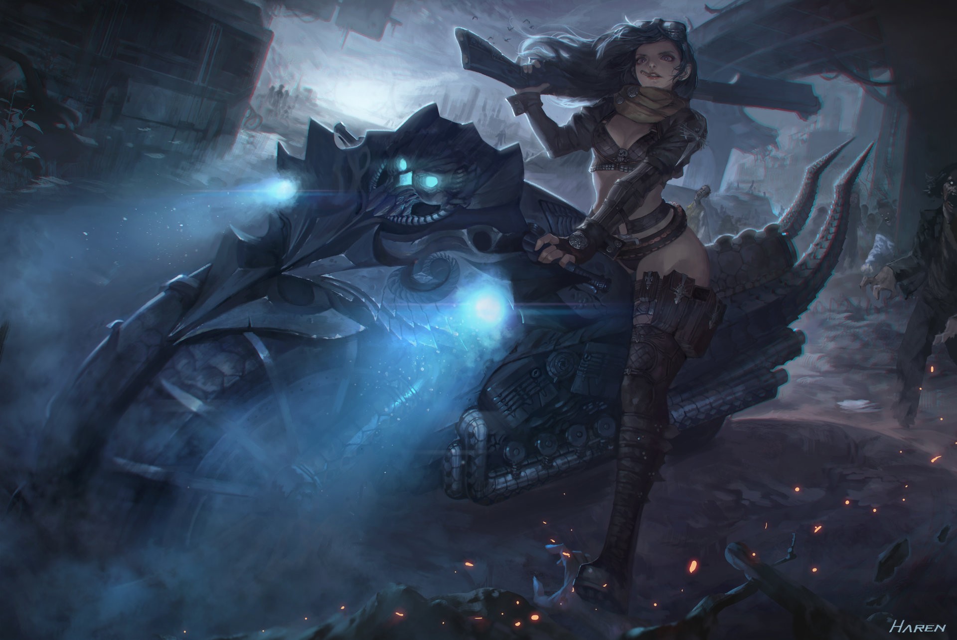 Woman riding a futuristic mechanical creature in a desolate landscape HD Wallpaper