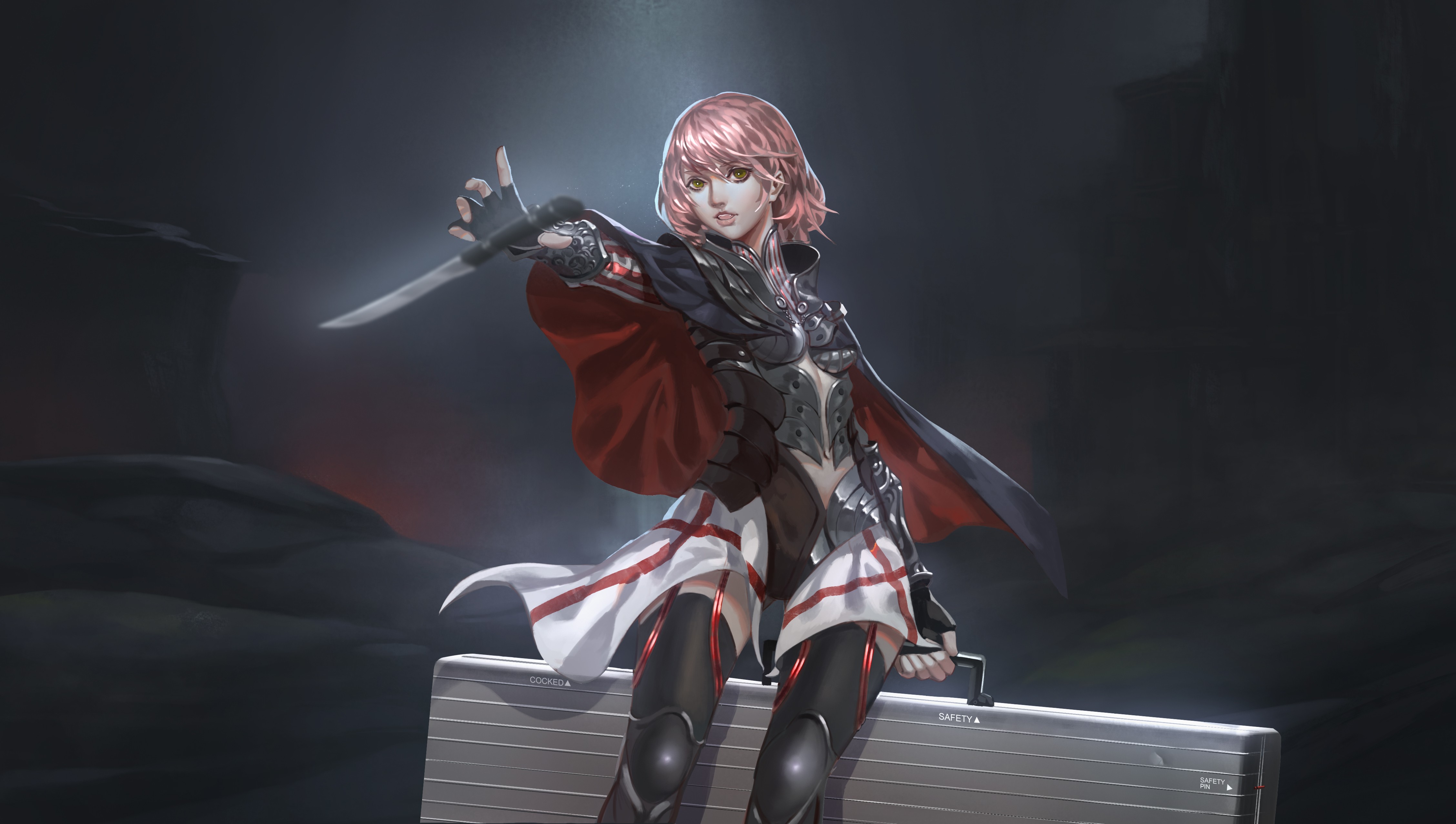 Fantasy art of a woman with pink hair holding a knife HD Wallpaper