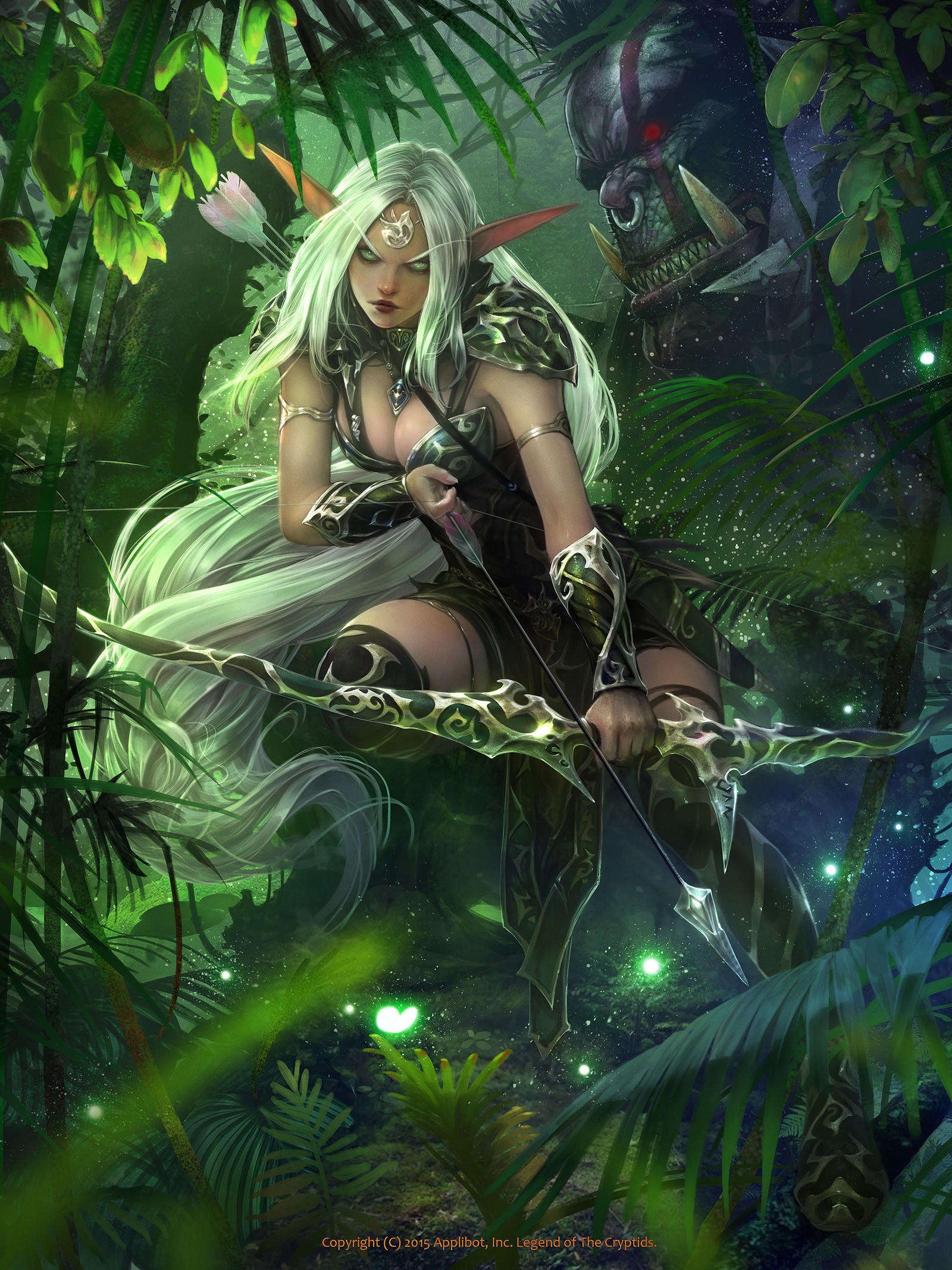 Elf archer with bow and arrow in a jungle HD Wallpaper