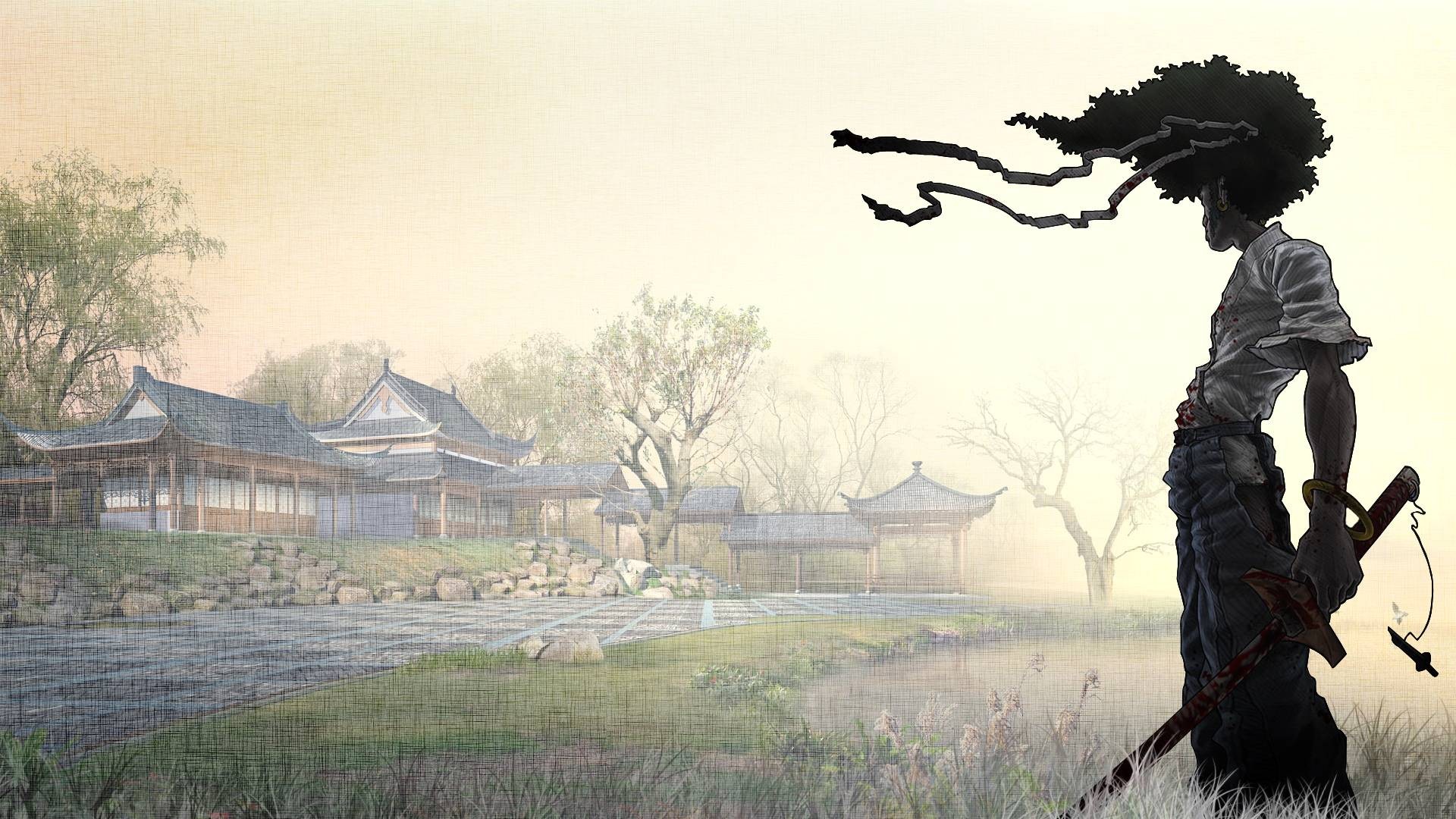 Afro Samurai standing in a misty Japanese garden HD Wallpaper