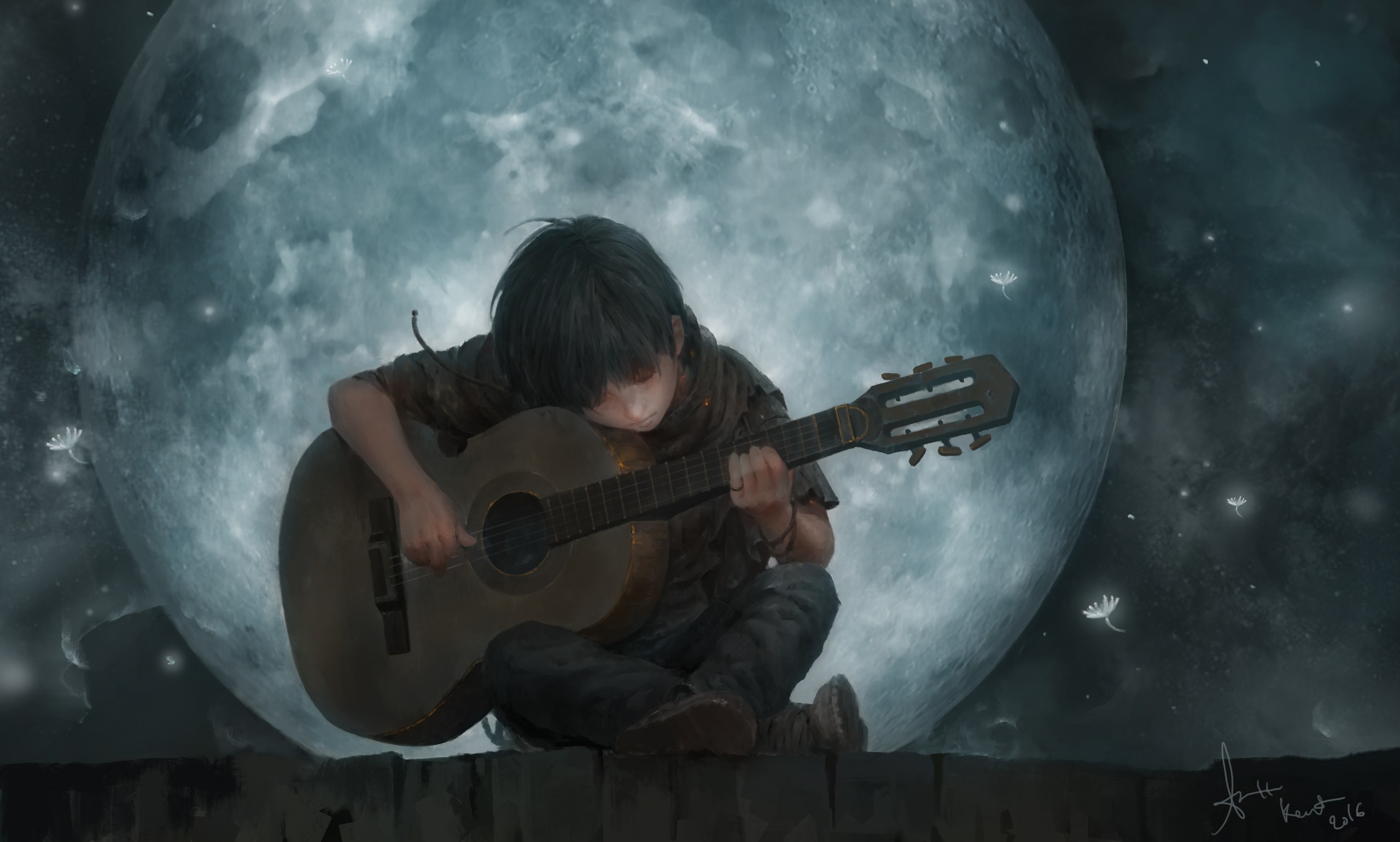 Child playing guitar under a large moon HD Wallpaper