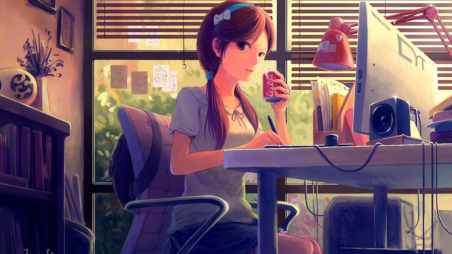 Anime girl drinking Coca-Cola at a desk HD Wallpaper