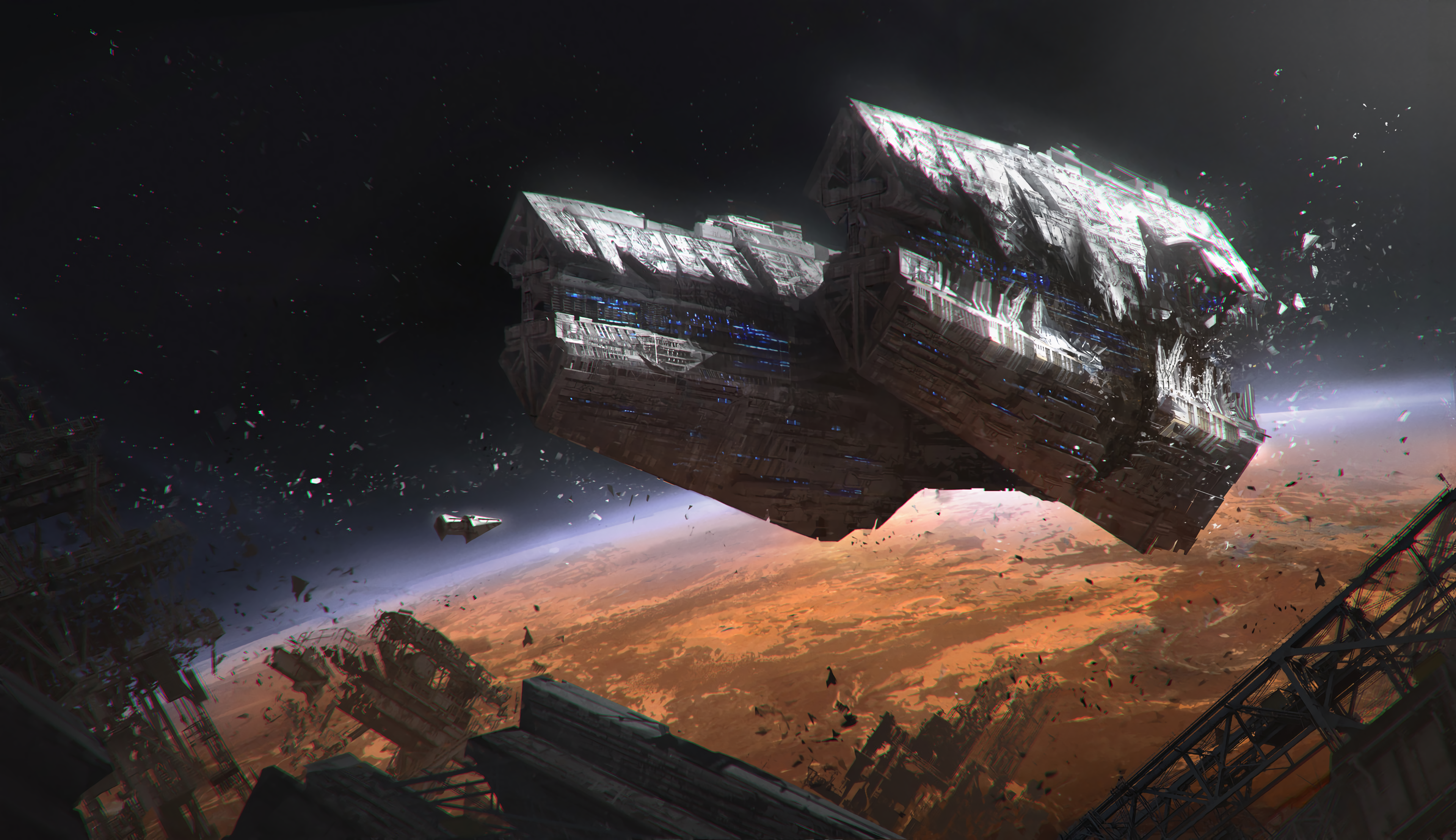 Damaged spaceship above a desolate planet HD Wallpaper