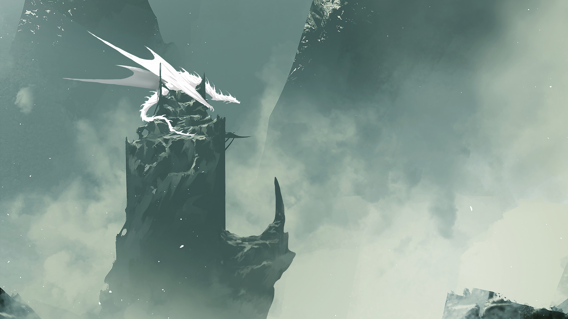 White dragon on a rocky tower in mist HD Wallpaper