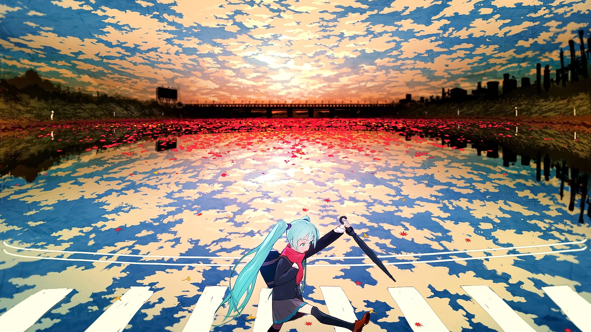 Hatsune Miku walking across a crosswalk with an umbrella HD Wallpaper