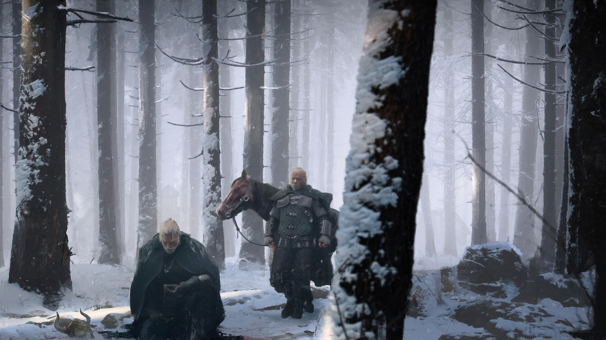 Geralt of Rivia and a companion in a snowy forest HD Wallpaper