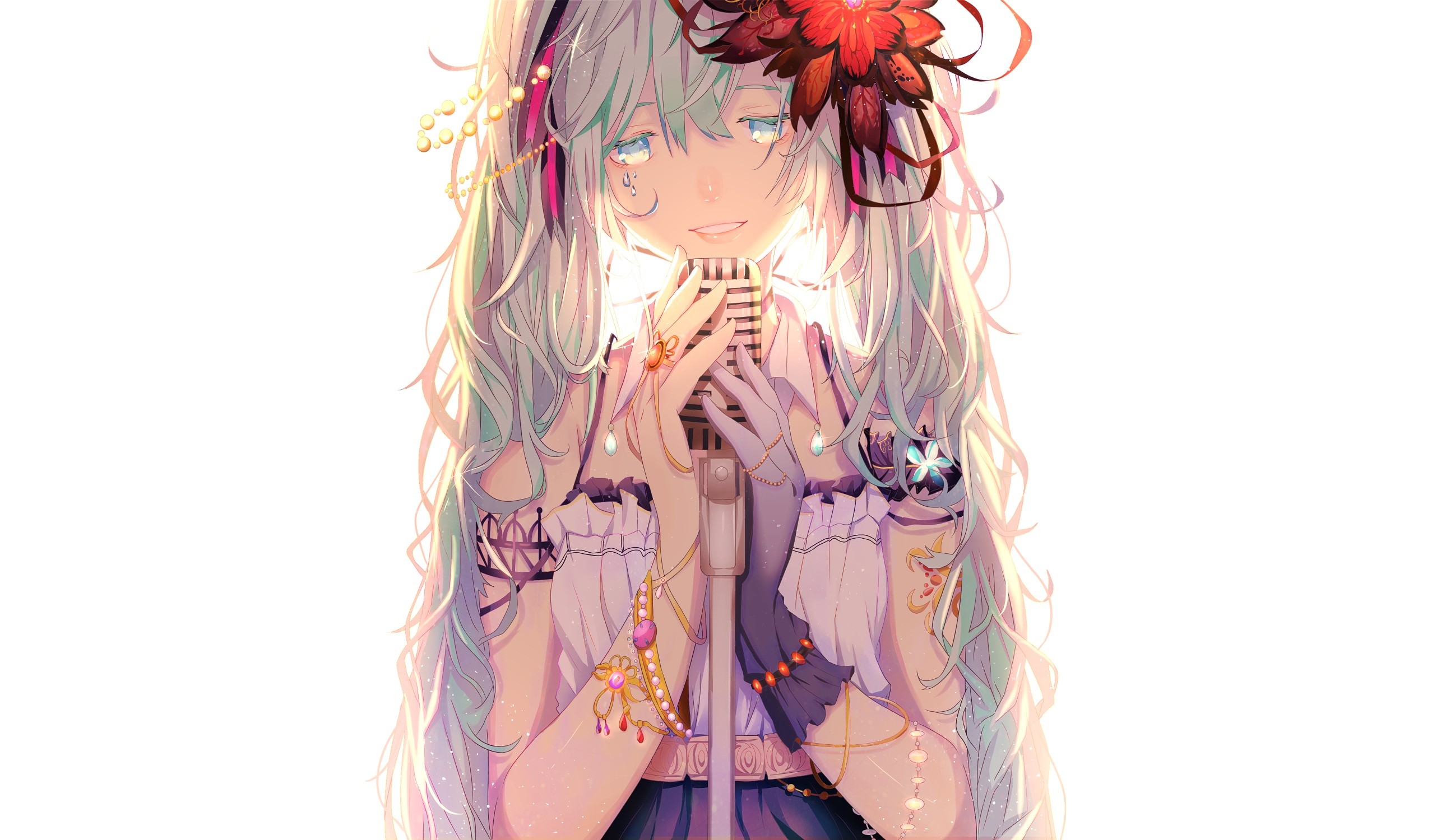 Hatsune Miku singing into a vintage microphone with flowers in her hair HD Wallpaper