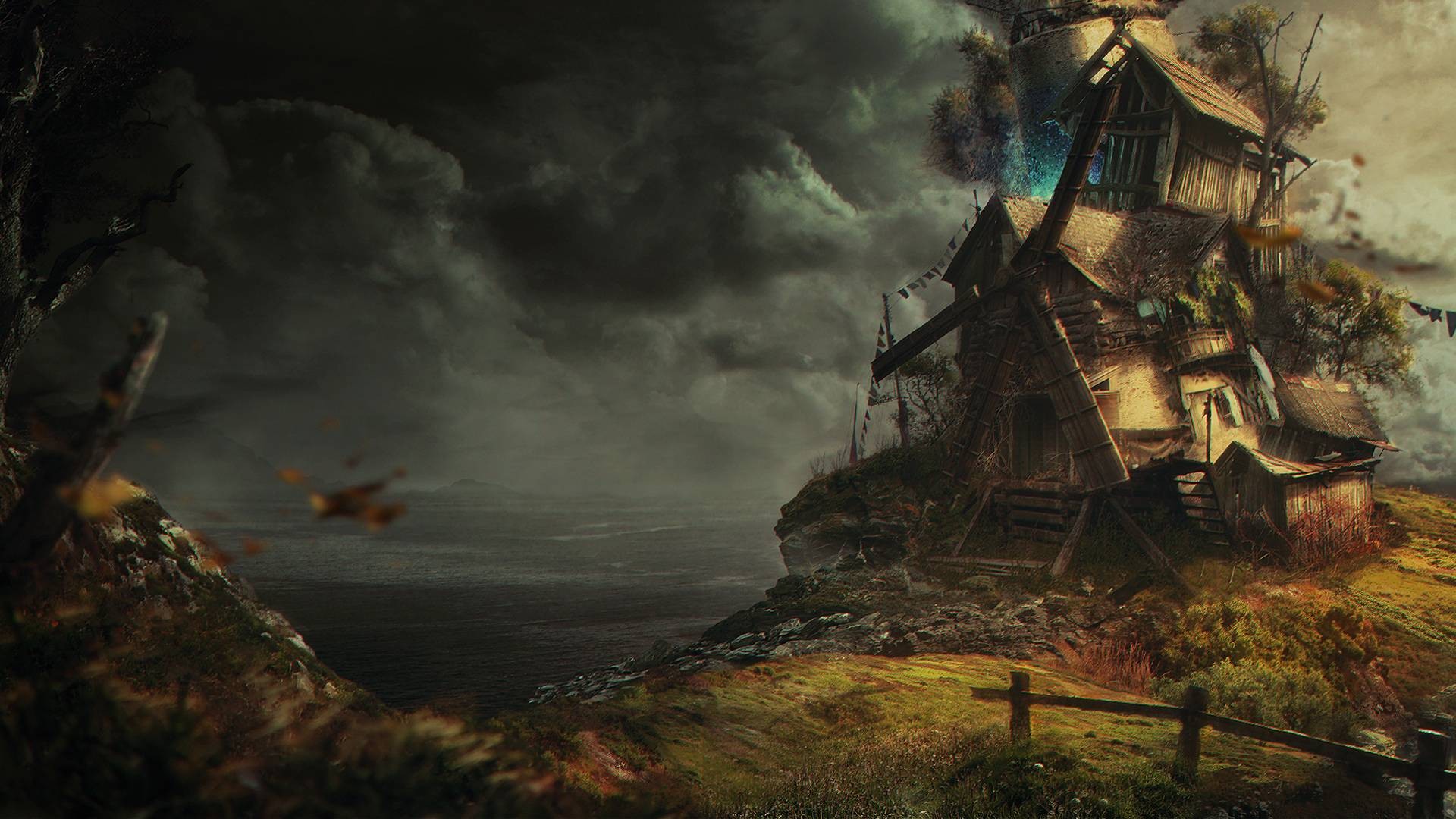 Fantasy art of a crooked house on a cliff HD Wallpaper