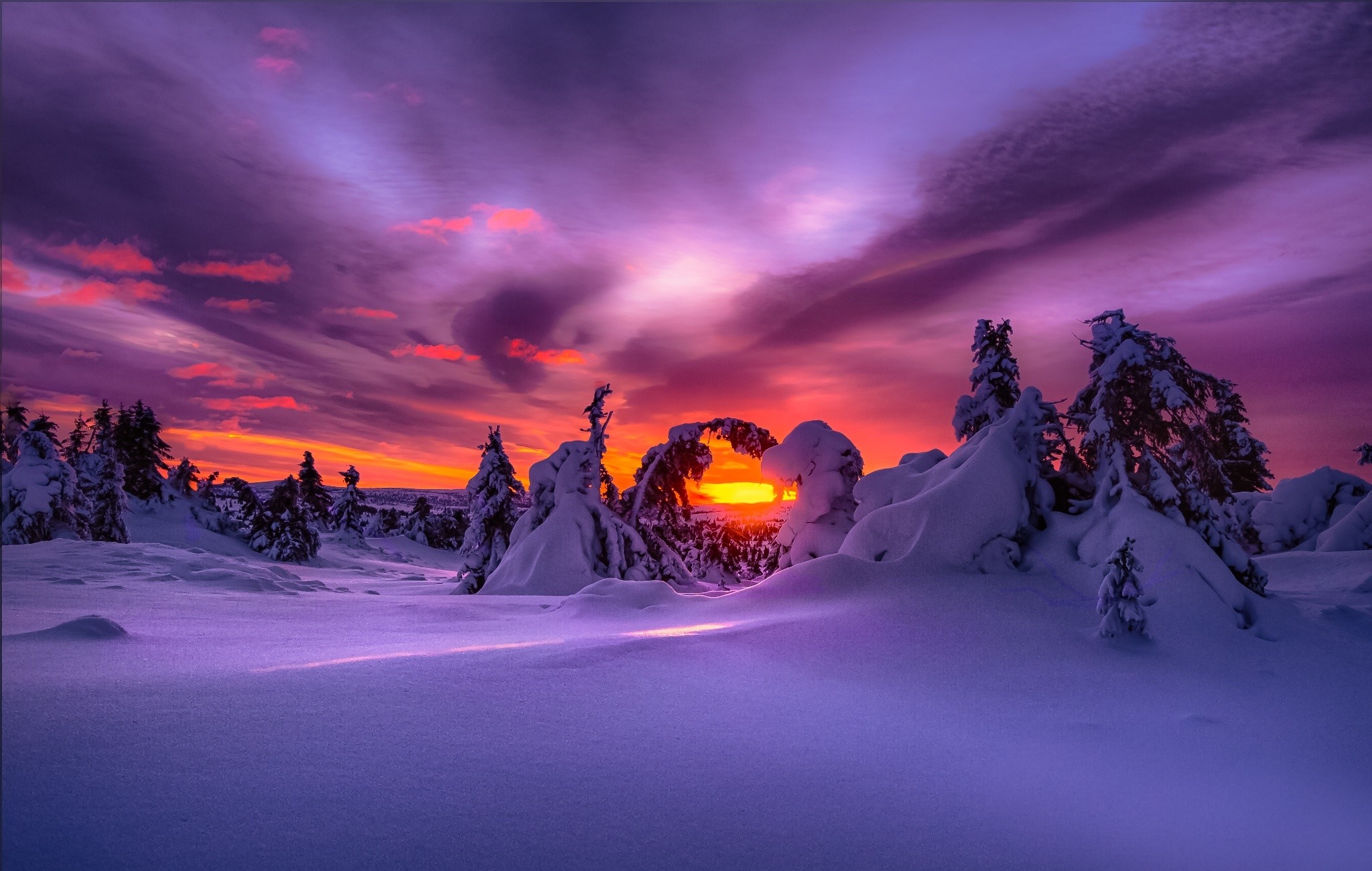 Snowy landscape with vibrant sunset sky HD Wallpaper