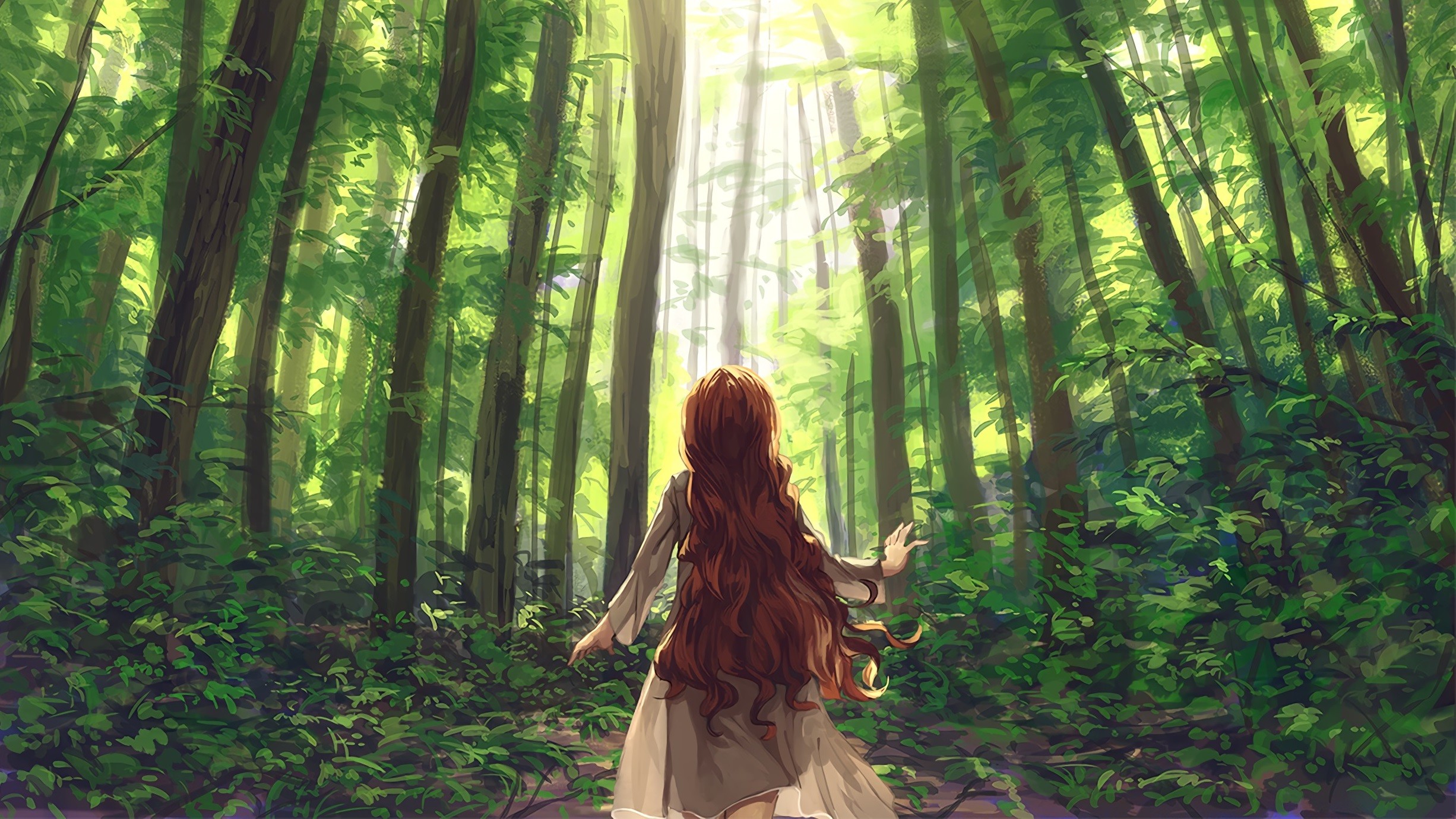 Girl with long red hair in a sunlit forest HD Wallpaper