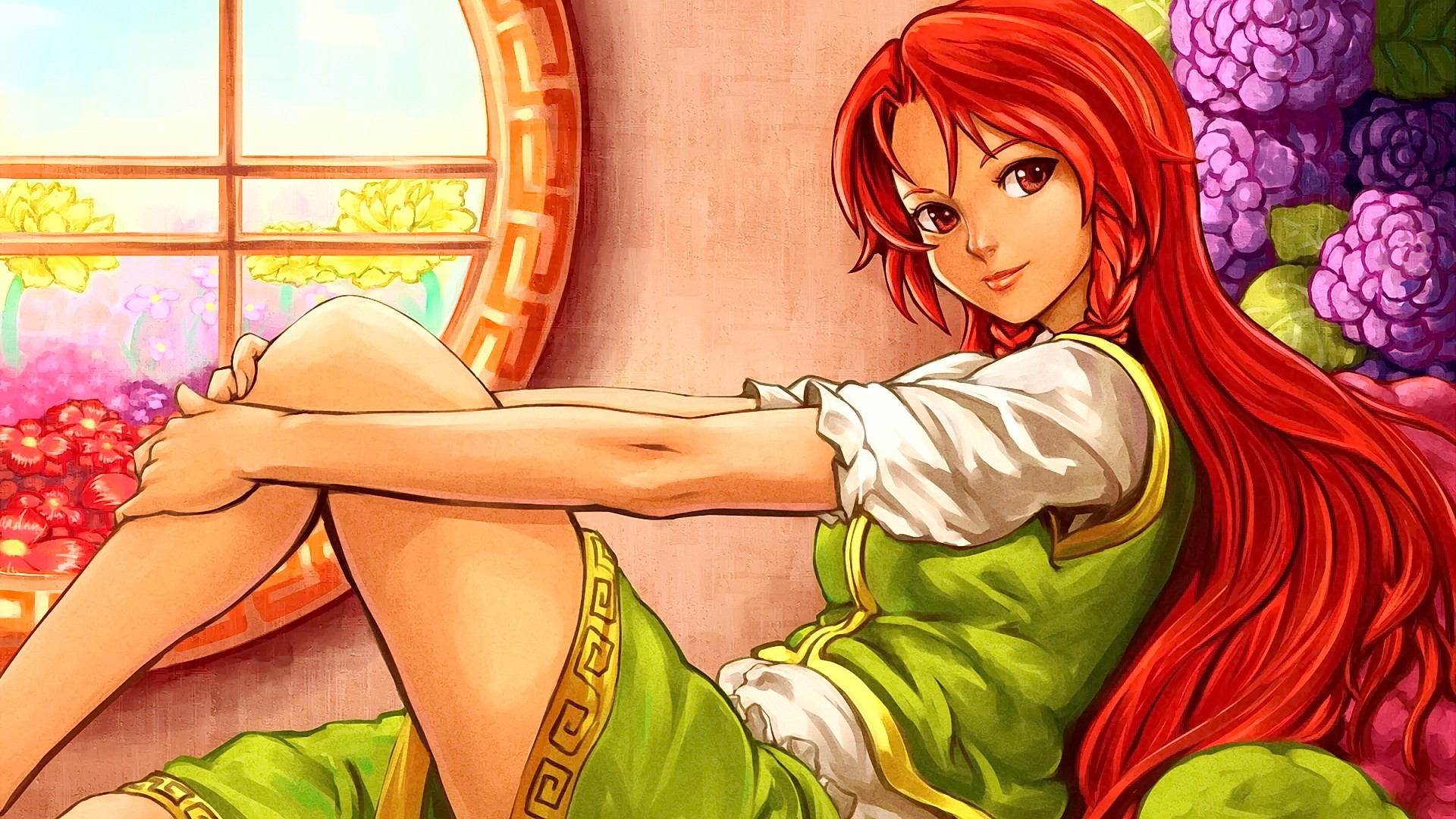 Anime girl with long red hair and green dress HD Wallpaper