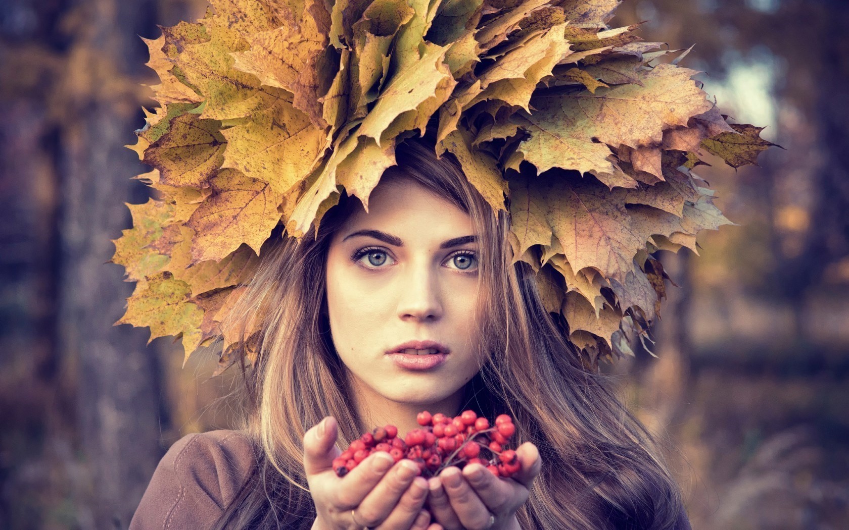 Woman with autumn leaves crown and berries HD Wallpaper