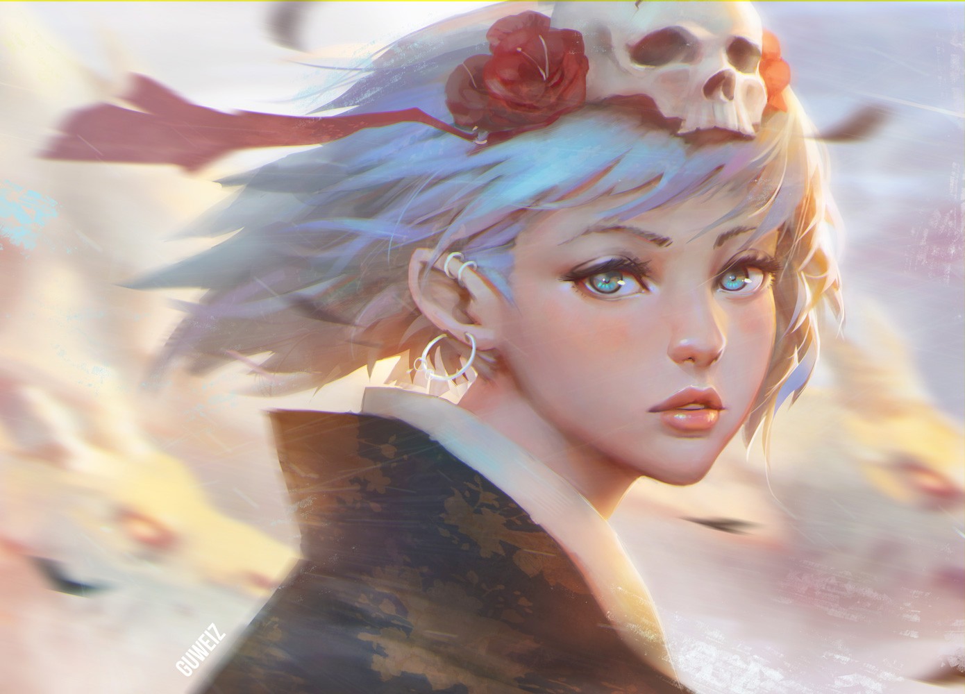 original characters, flowers, aqua eyes, white hair, anime, headdress, soft shading, skull, aqua hair, GUWEIZ HD Wallpaper