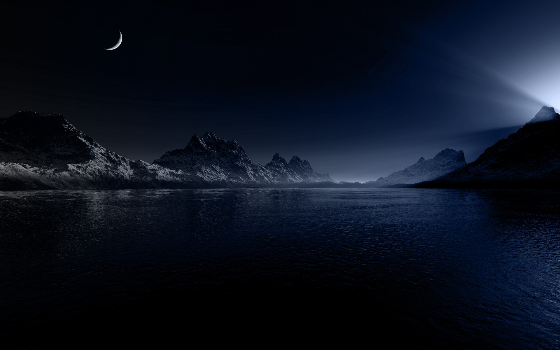 Moonlit mountains and lake landscape HD Wallpaper