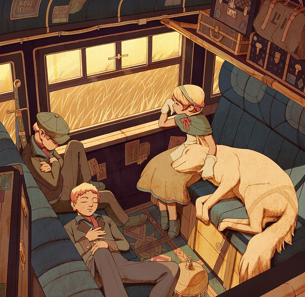 People and dog sleeping on a train HD Wallpaper