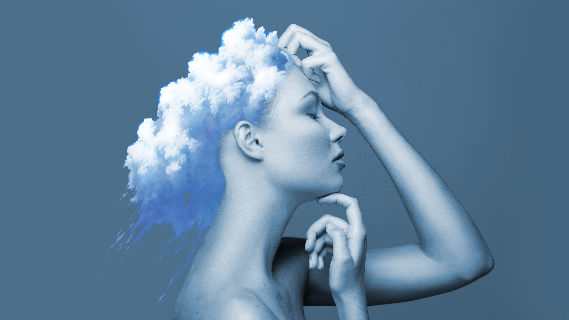 Woman with clouds for hair in profile HD Wallpaper