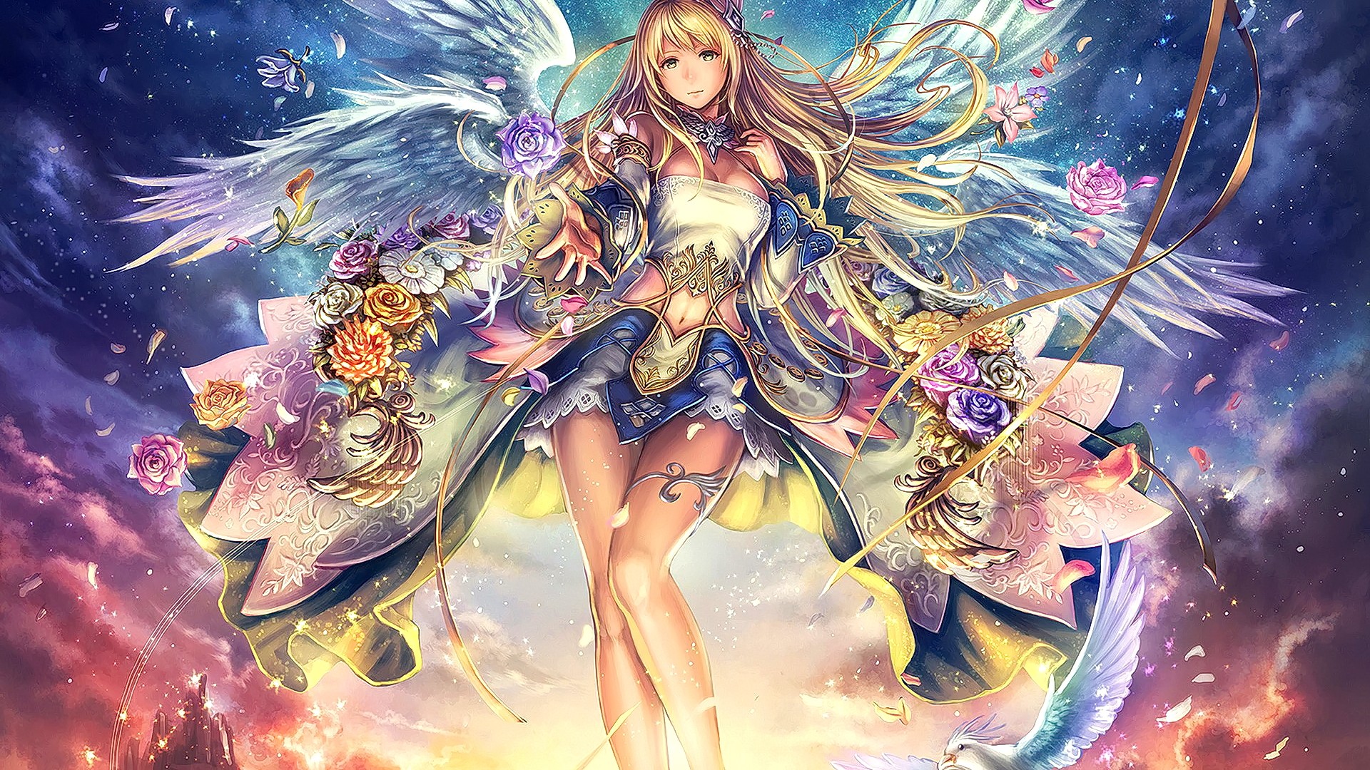 Anime girl with blonde hair and wings surrounded by flowers HD Wallpaper