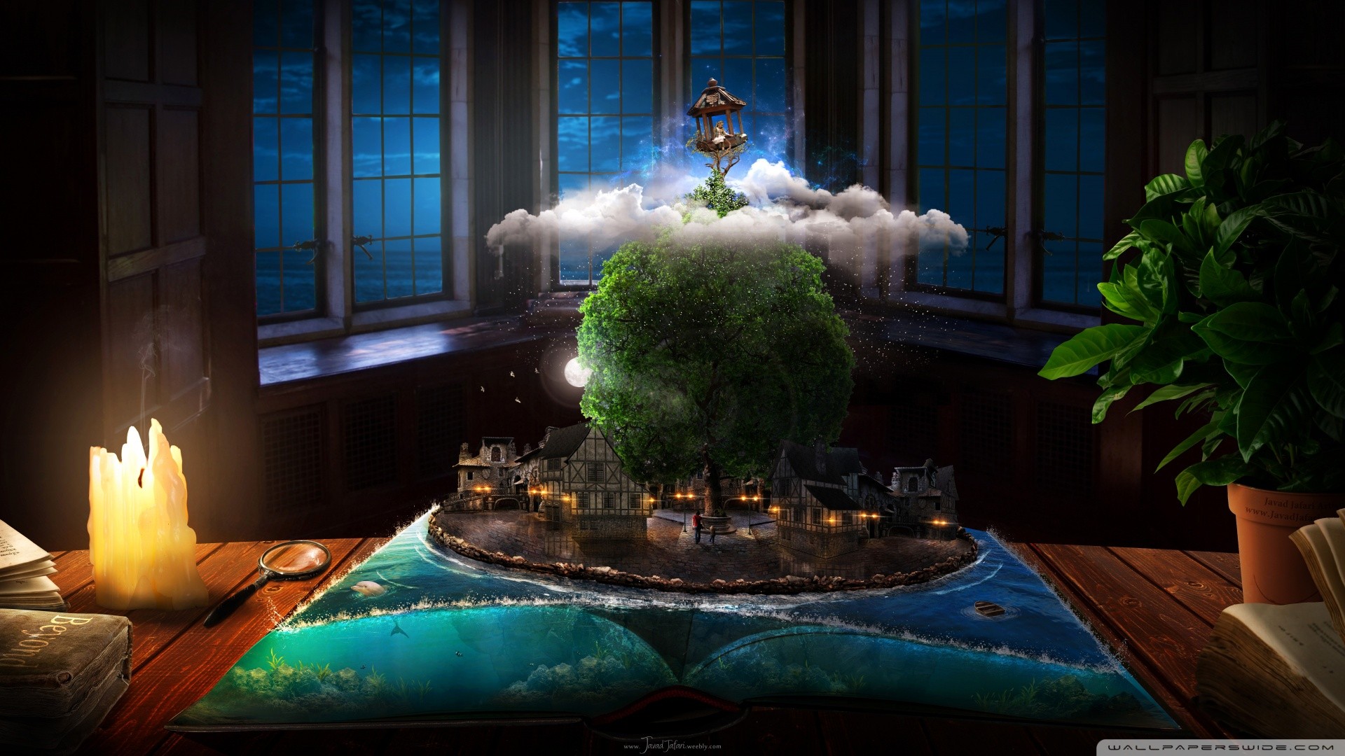Fantasy village on an island emerging from a book HD Wallpaper