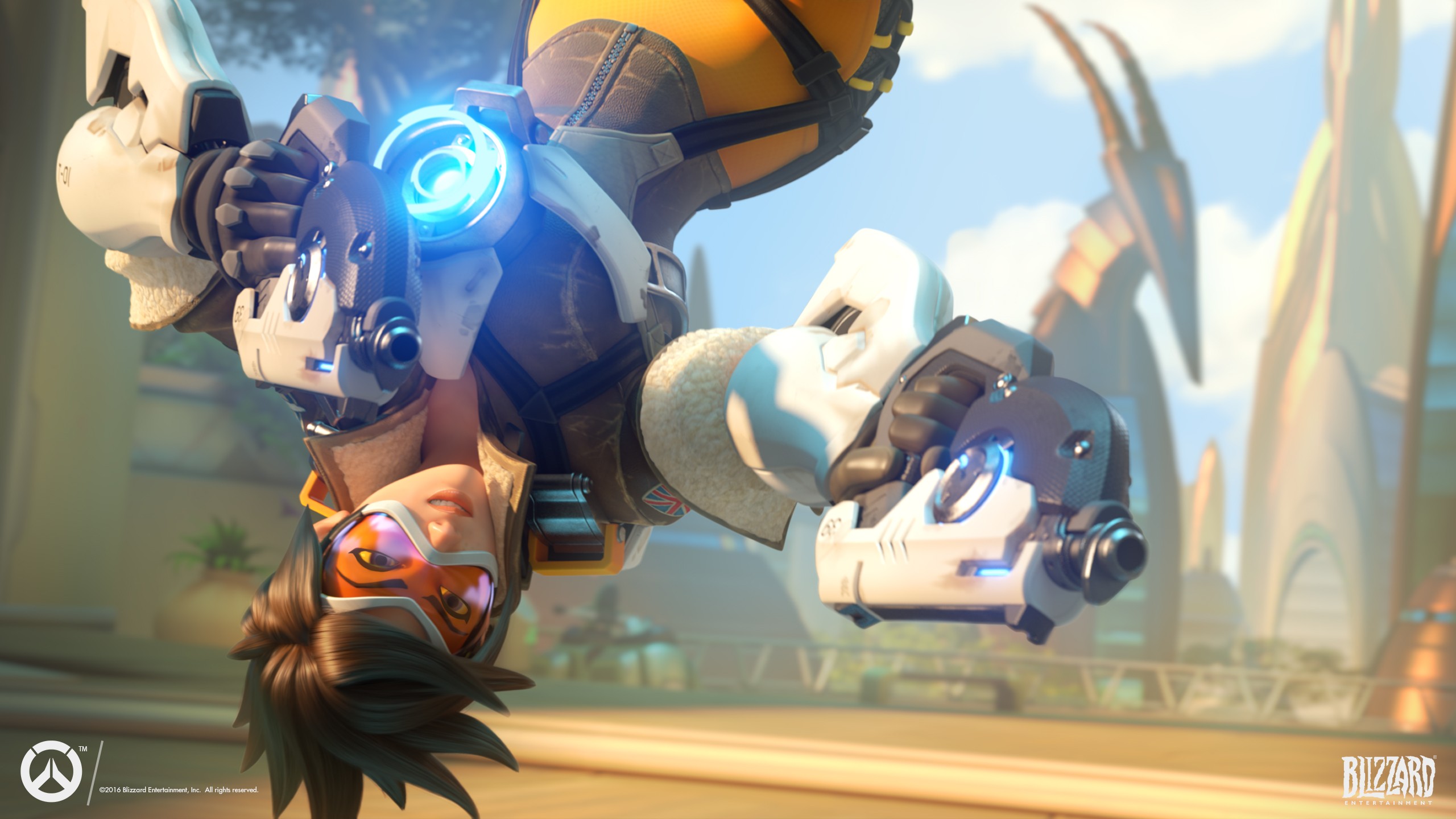 Tracer from Overwatch holding her pulse pistols HD Wallpaper