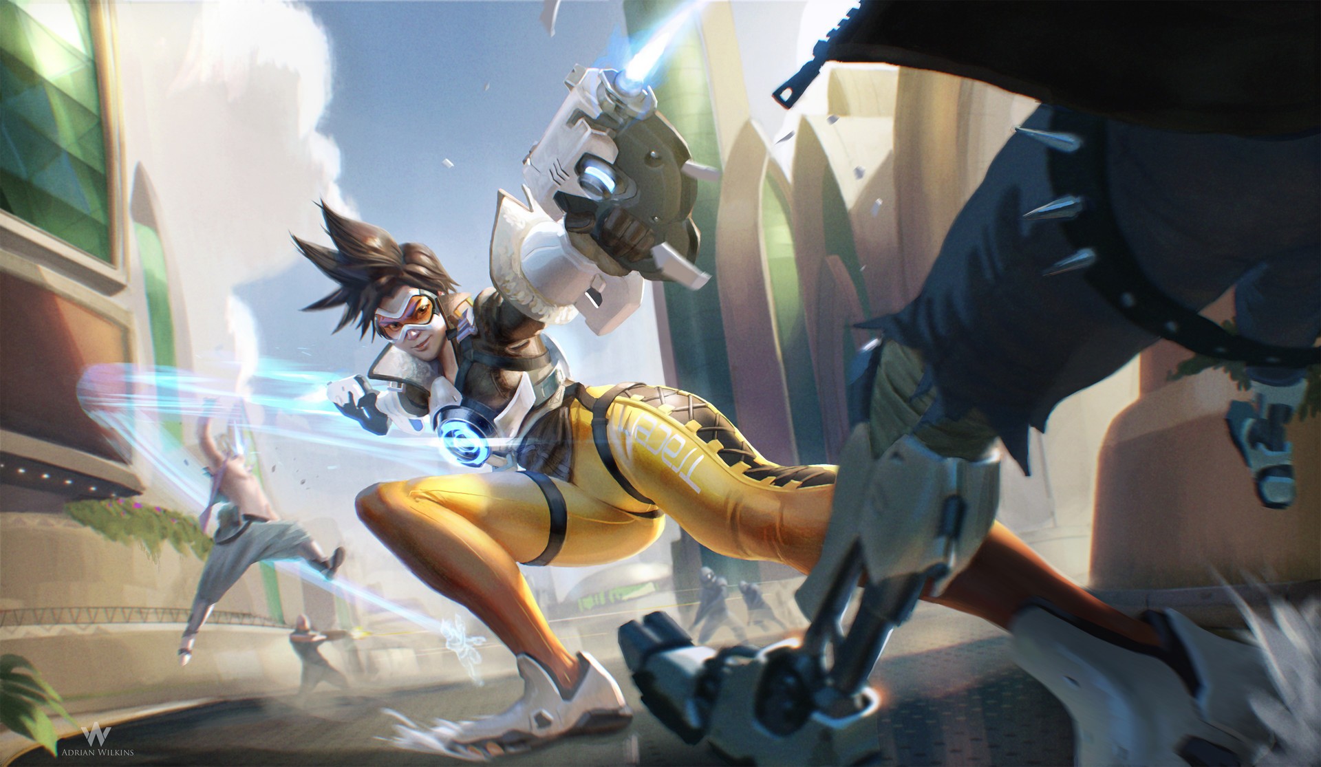 Tracer from Overwatch in a battle scene HD Wallpaper