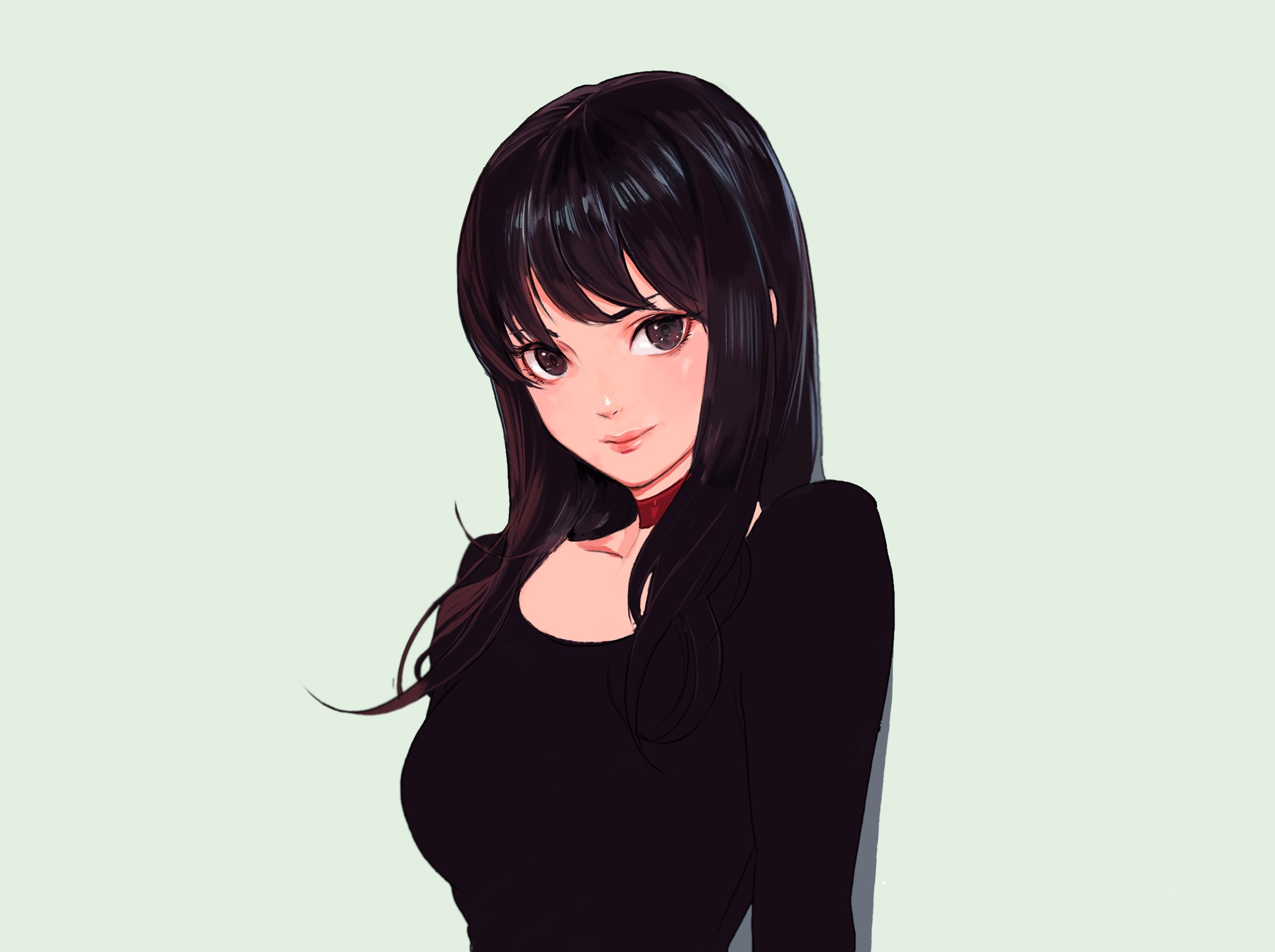 Anime girl with black hair and red choker HD Wallpaper