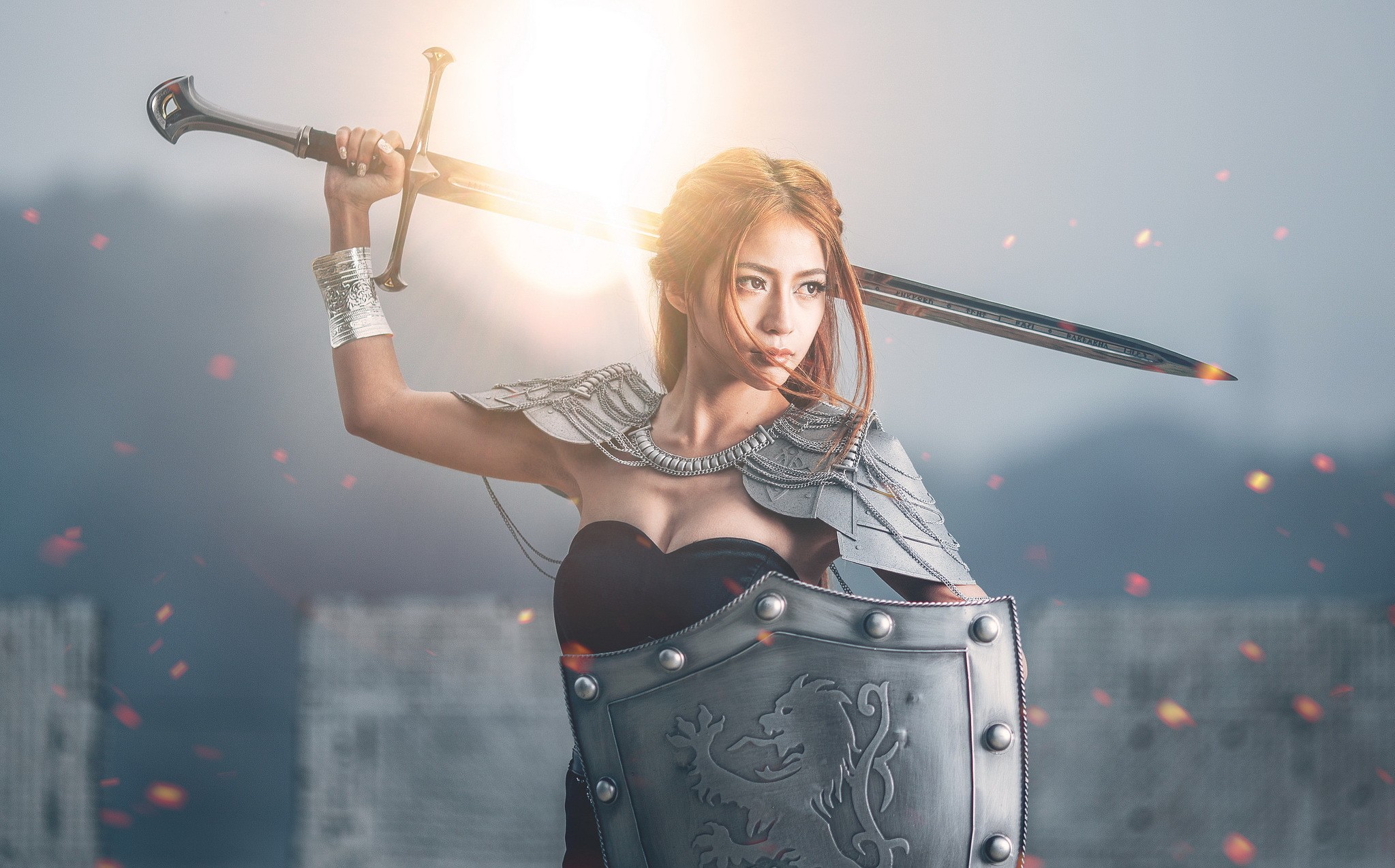 Asian woman warrior with sword and shield HD Wallpaper